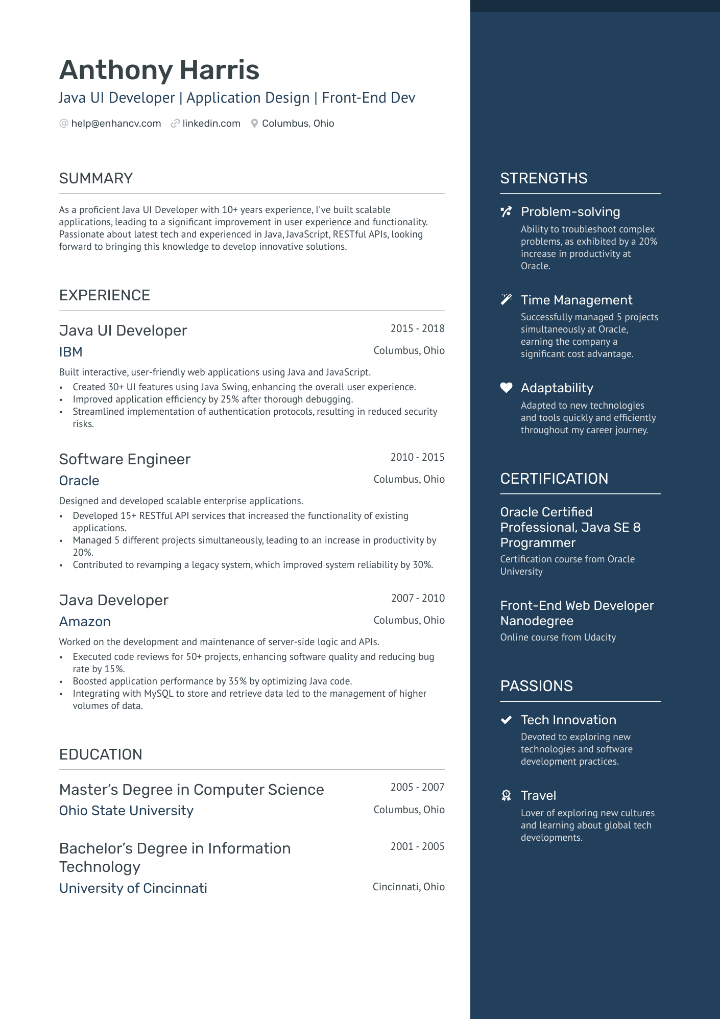 Java UI Developer Resume Example