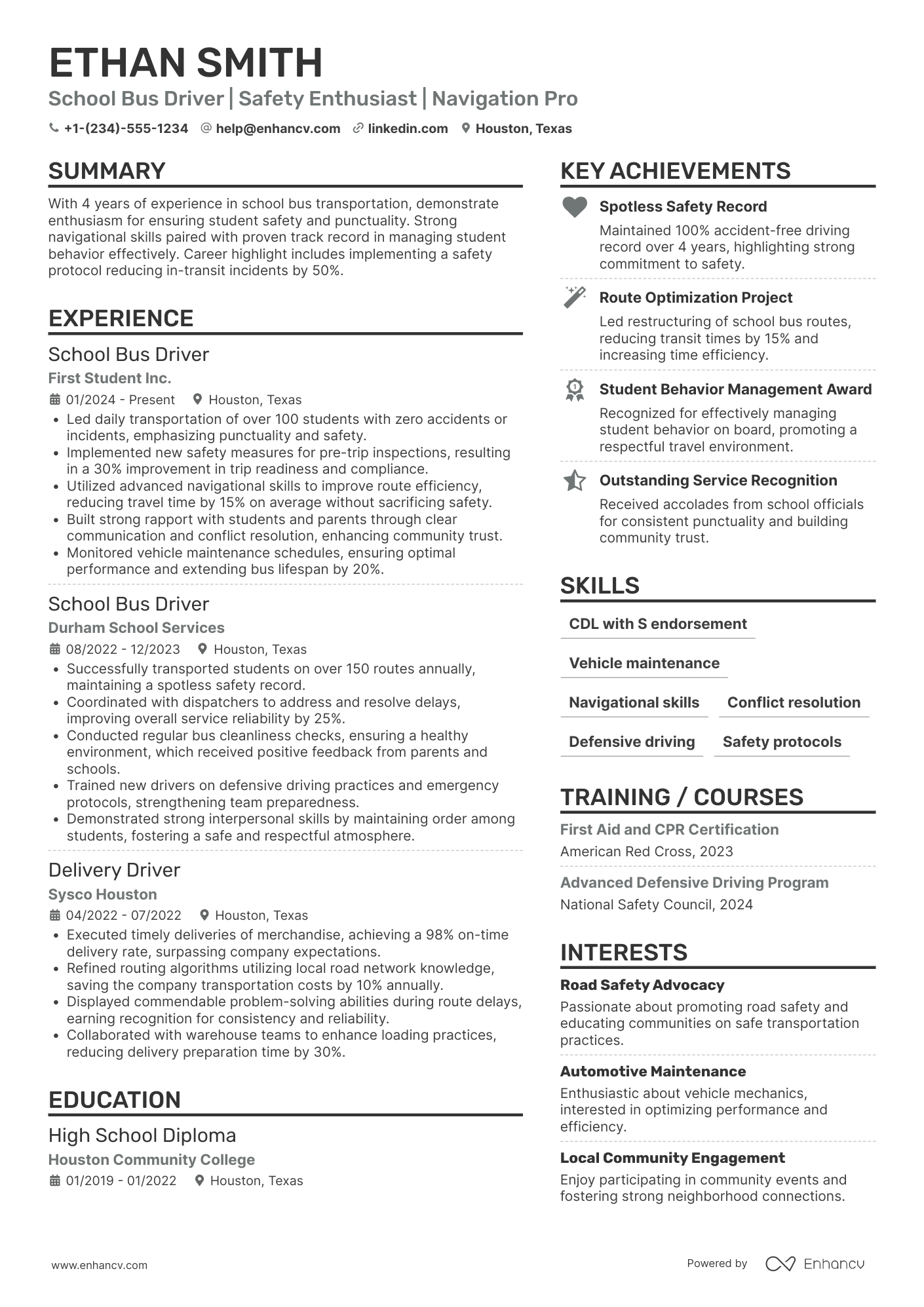 School Bus Driver Resume Example