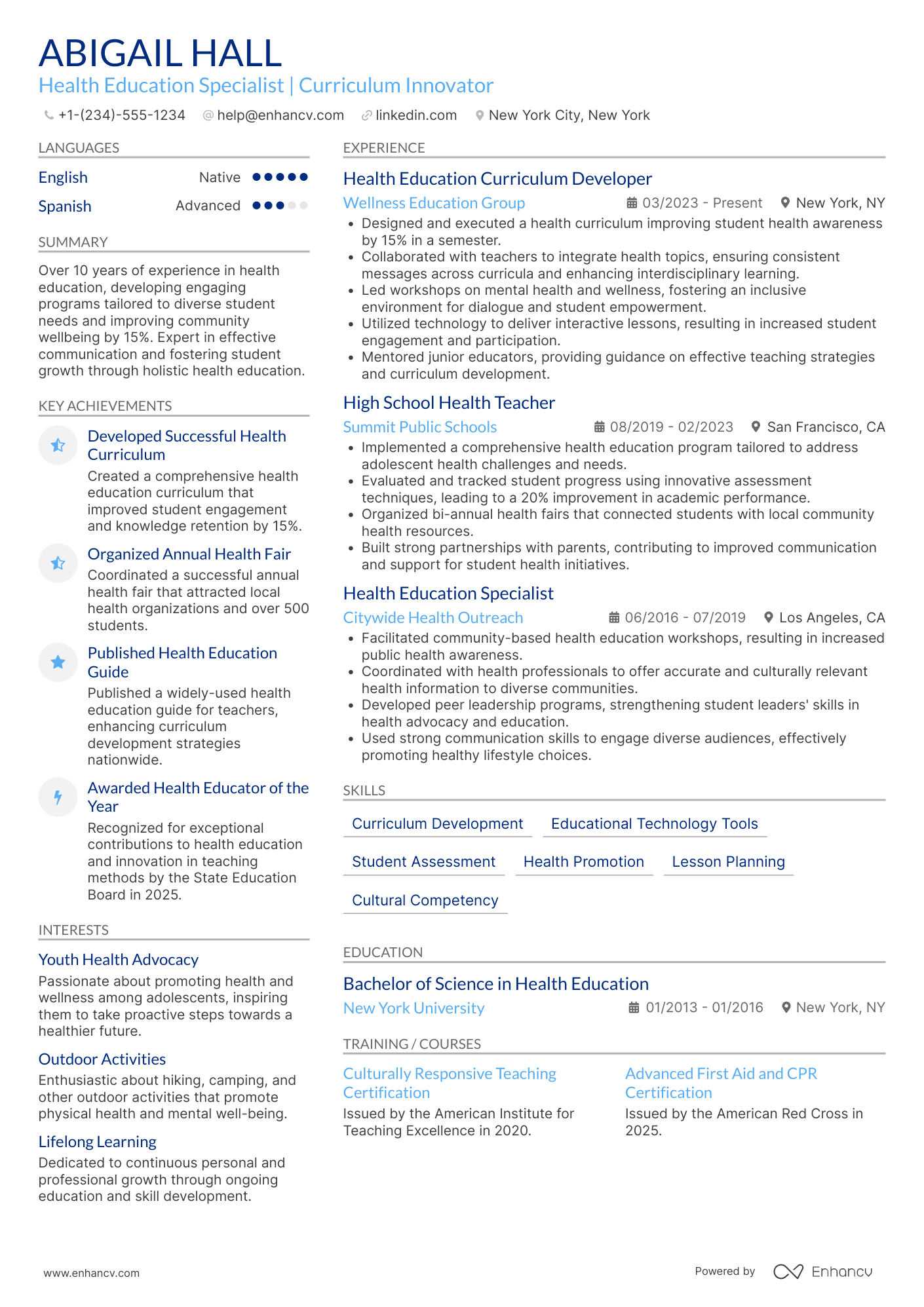 High School Health Education Teacher Resume Example