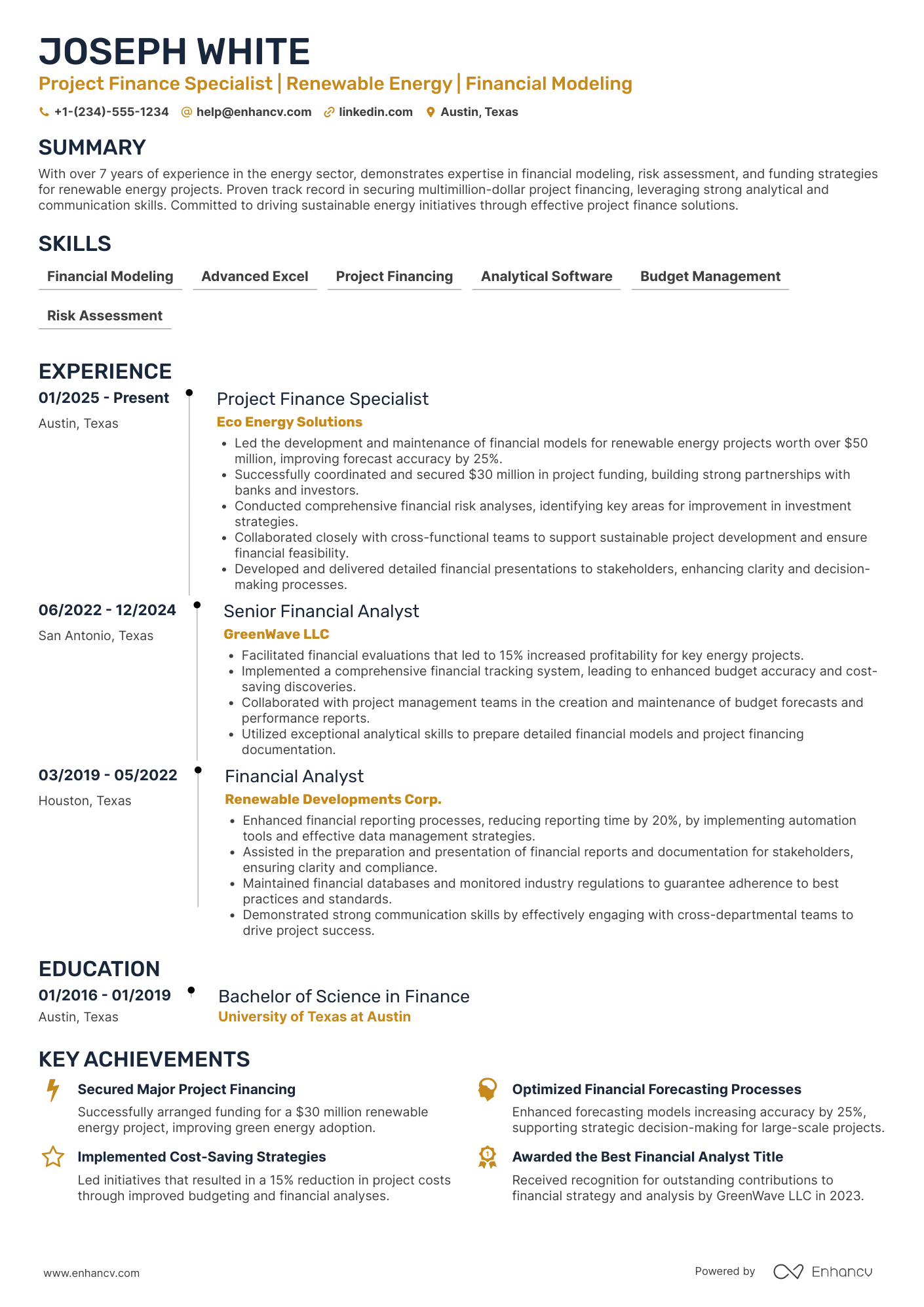 Project Finance Specialist Resume Example