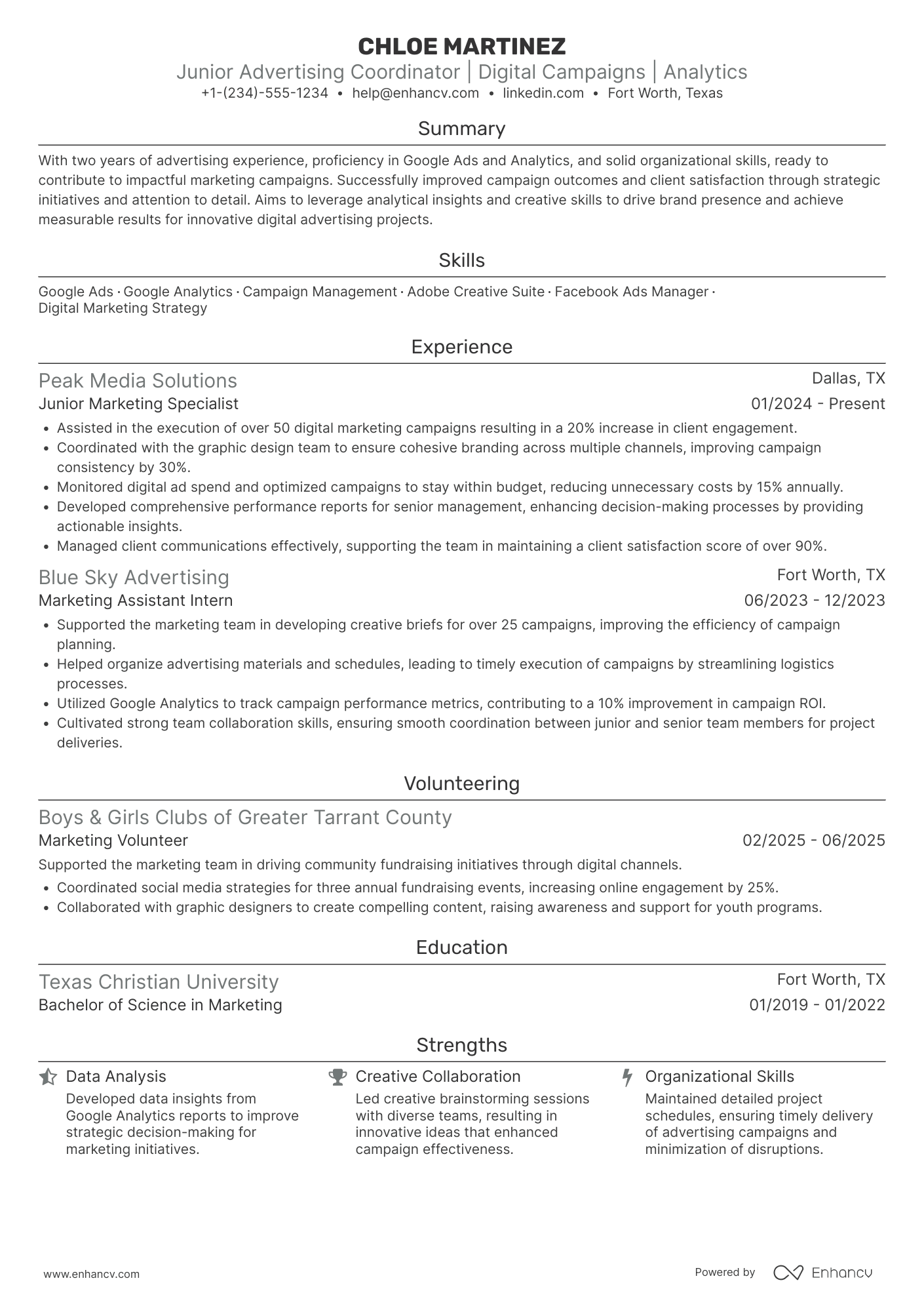 Junior Advertising Coordinator Resume Example