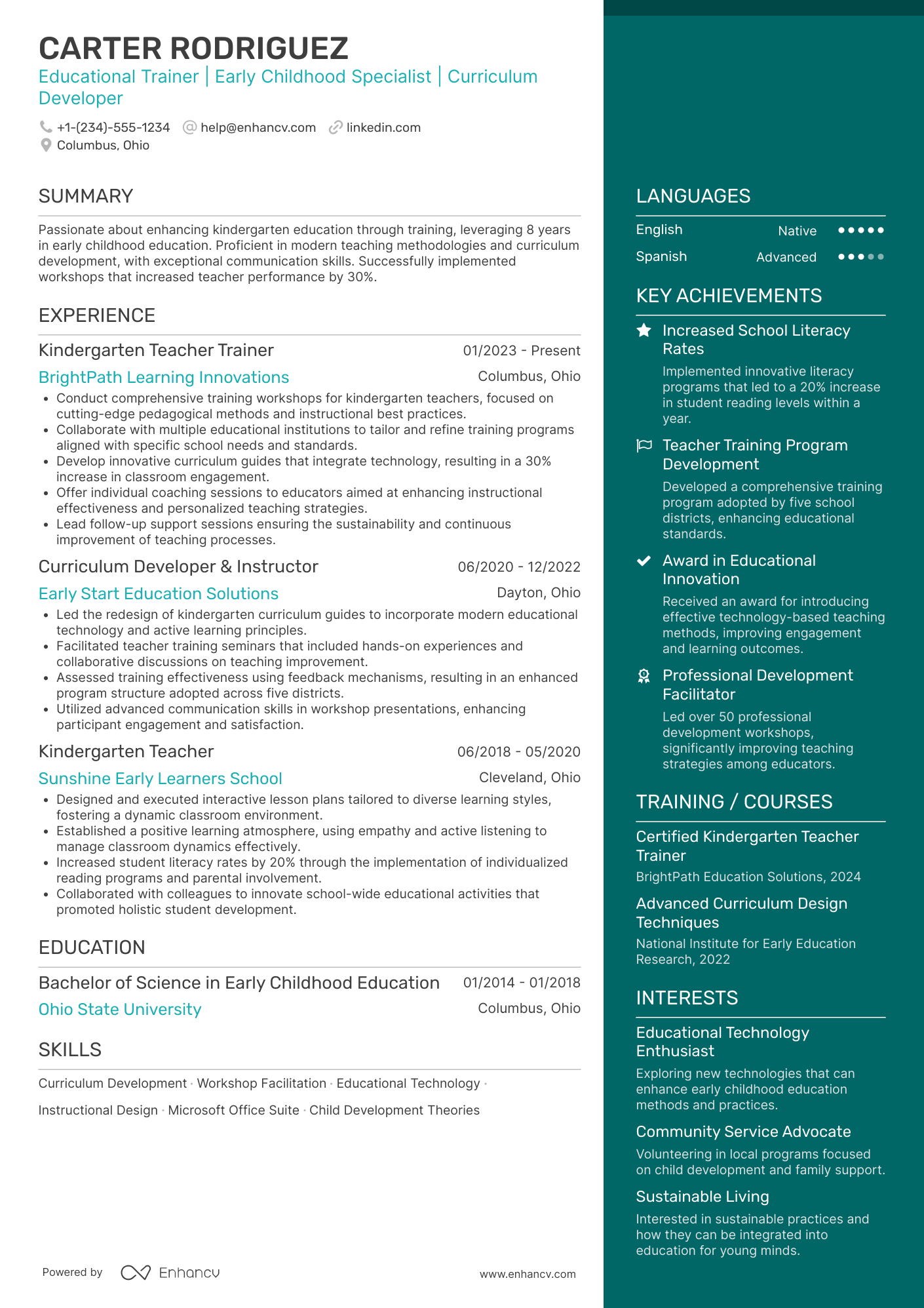 Kindergarten Teacher Trainer Resume Example