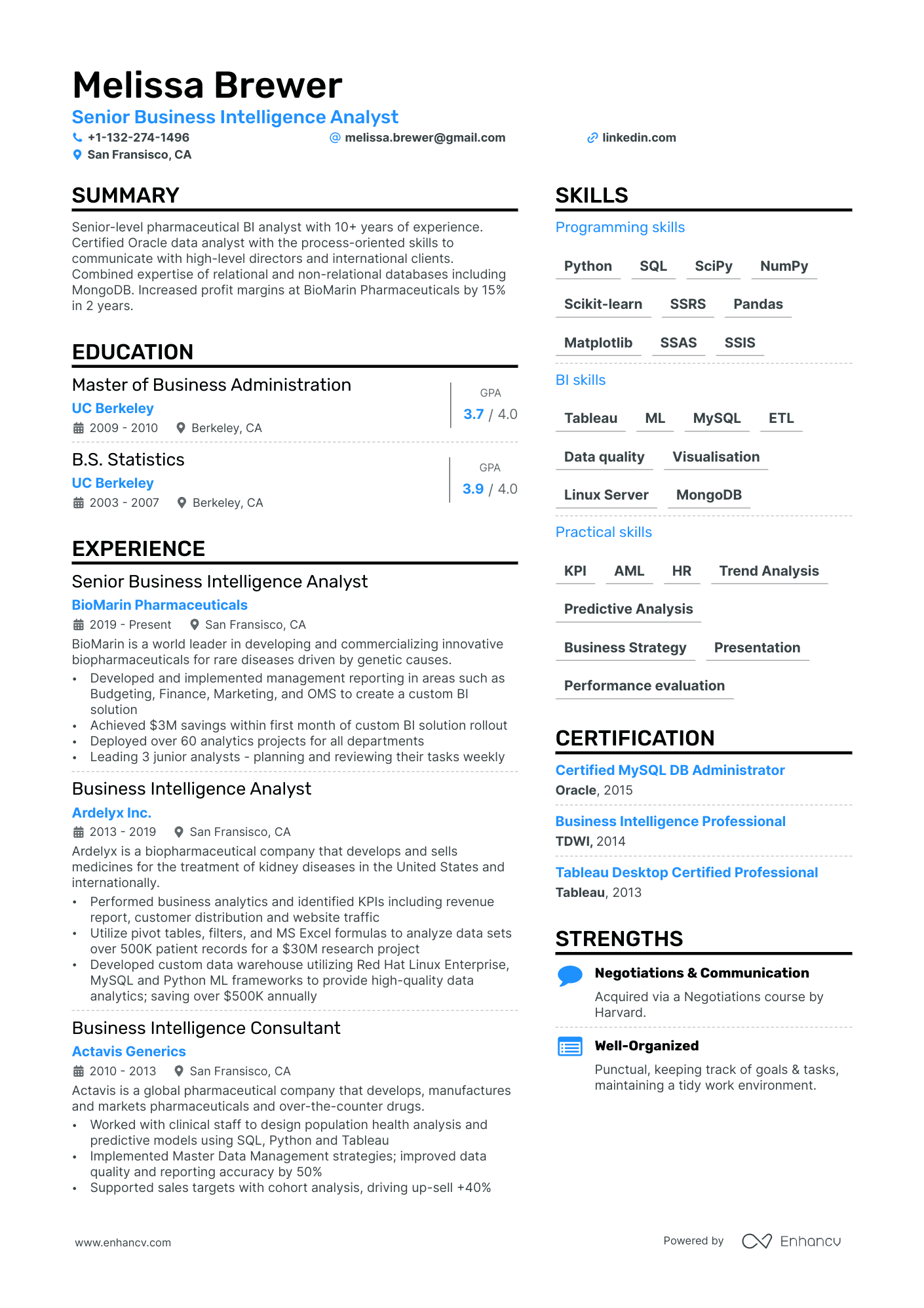 Senior Business Intelligence Analyst Resume Example