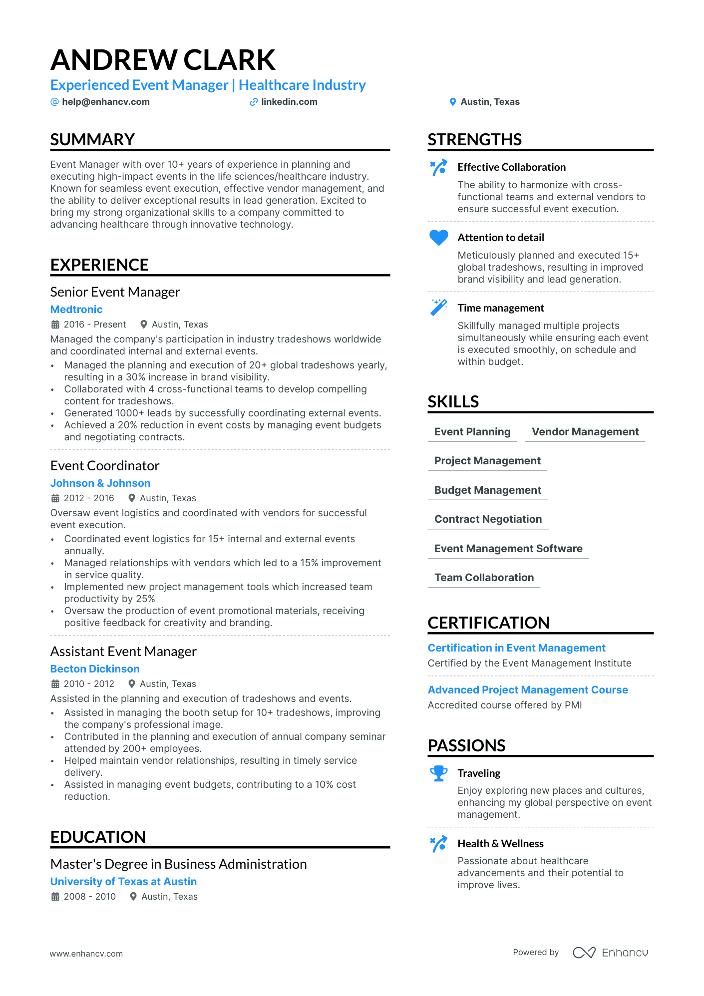 Events Manager Resume Example