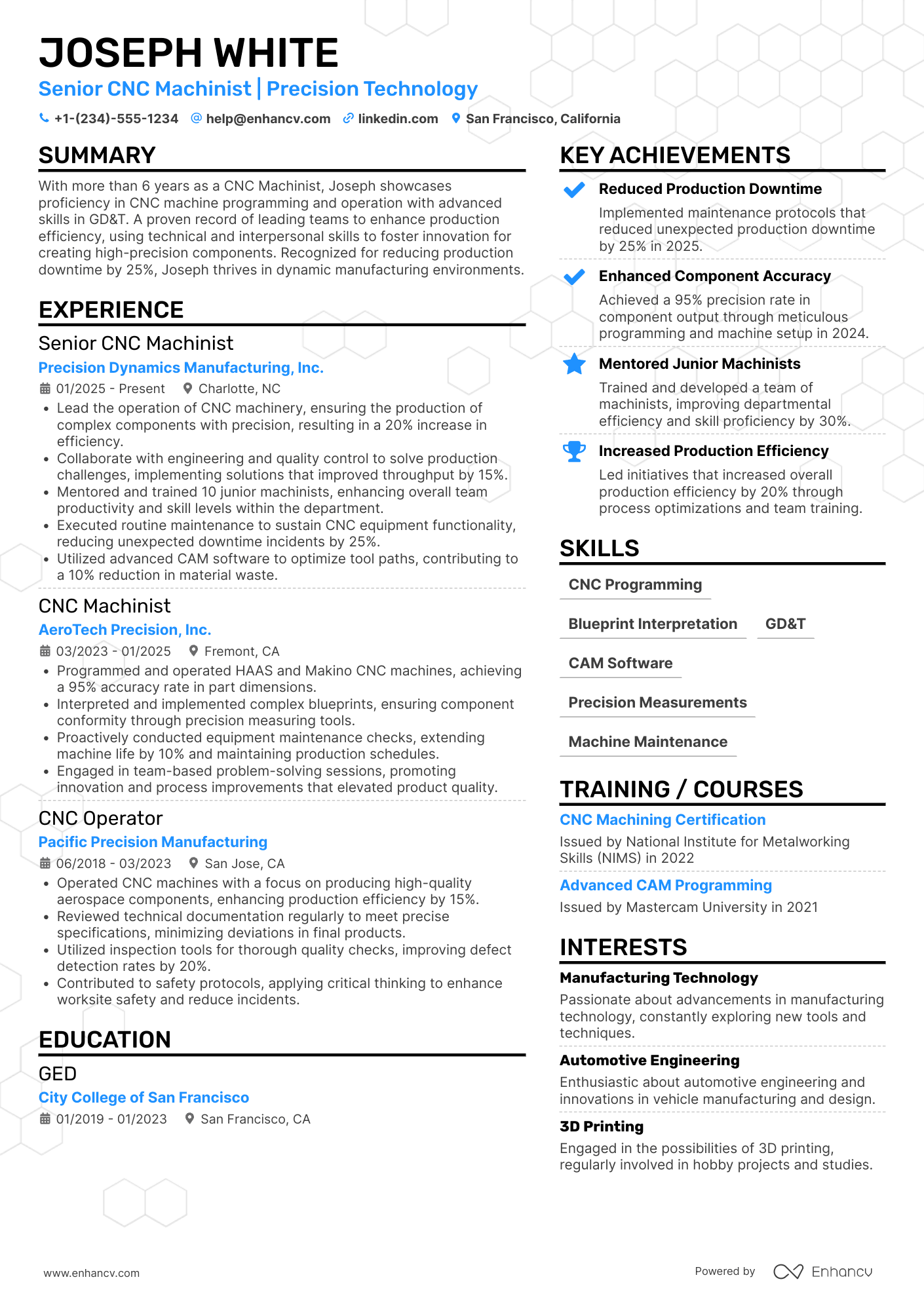 Senior CNC Machinist Resume Example