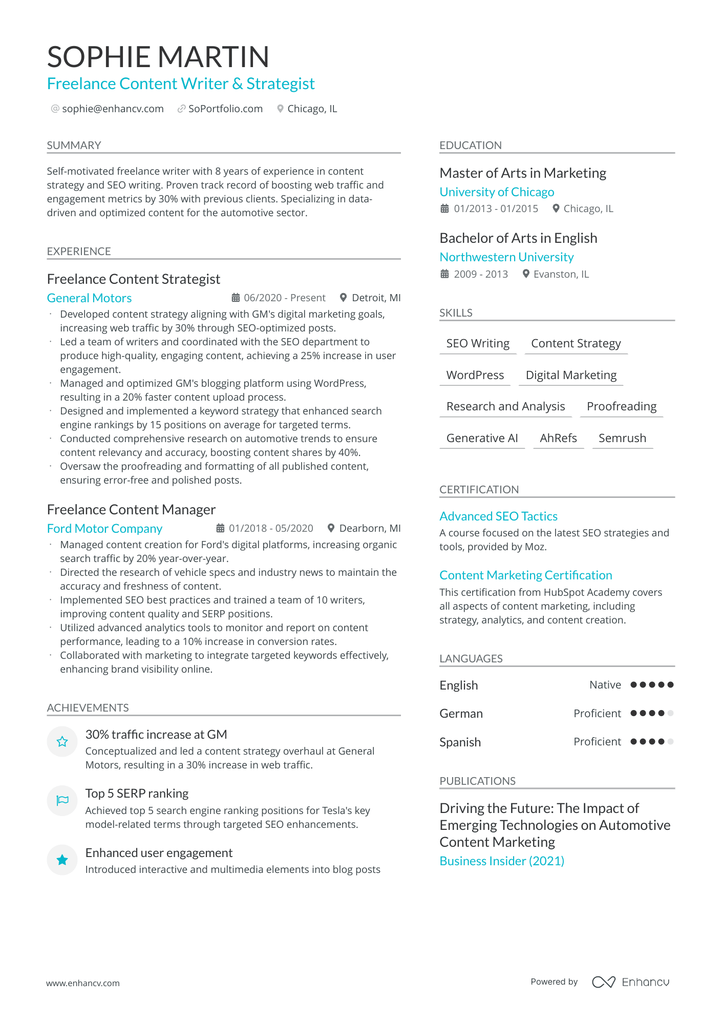 Freelance Writer Resume Example