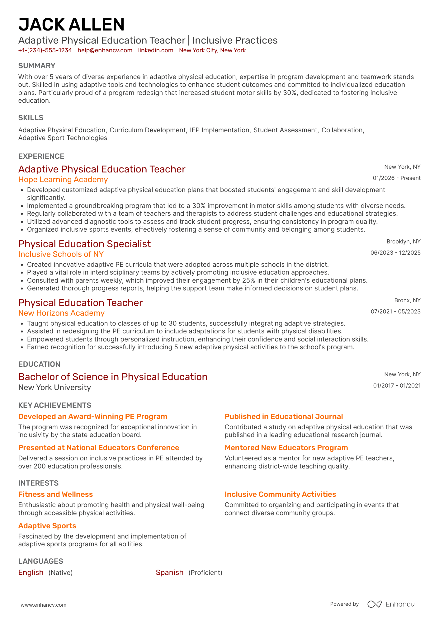 Adaptive Physical Education Teacher Resume Example
