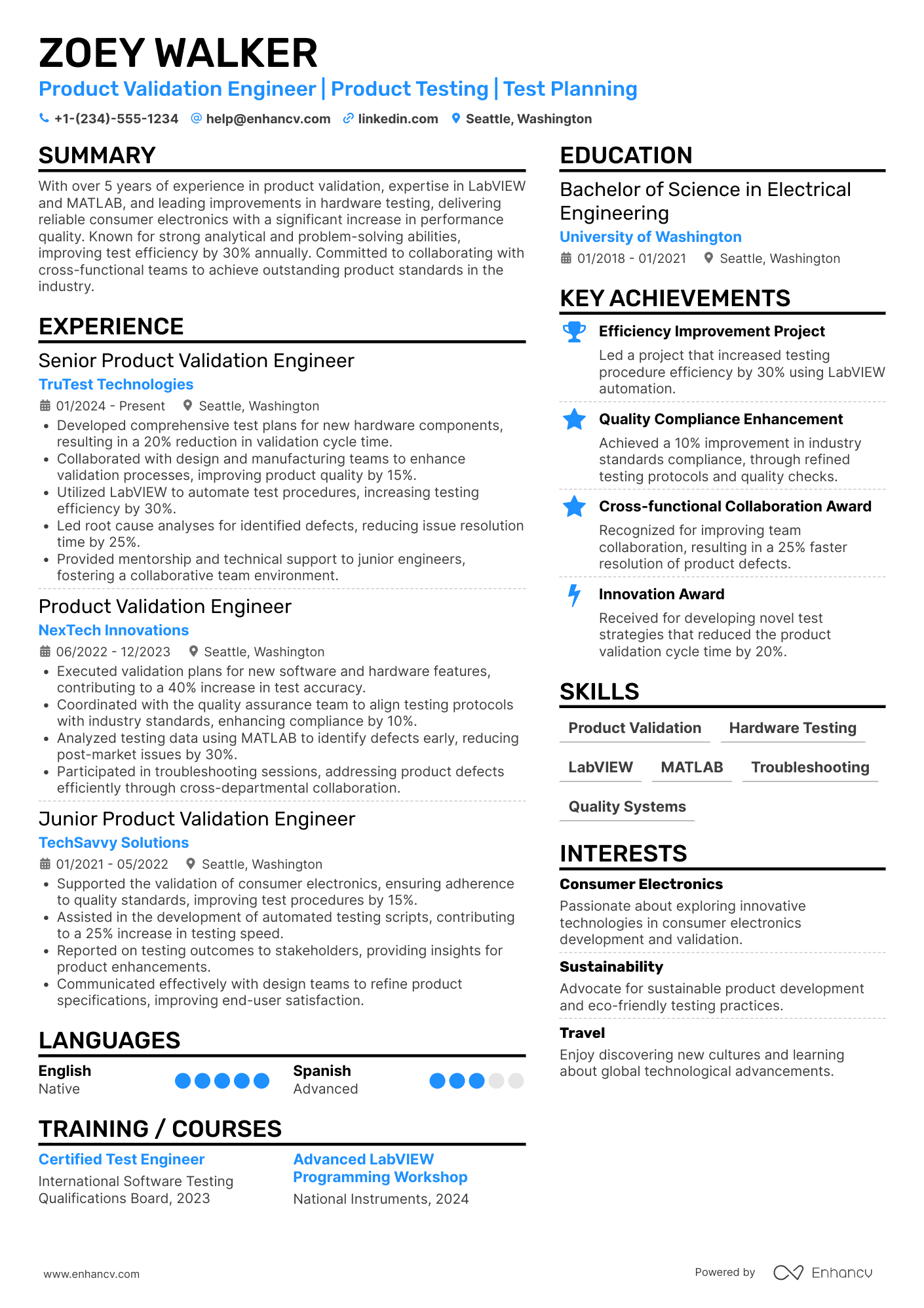 Product Validation Engineer Resume Example