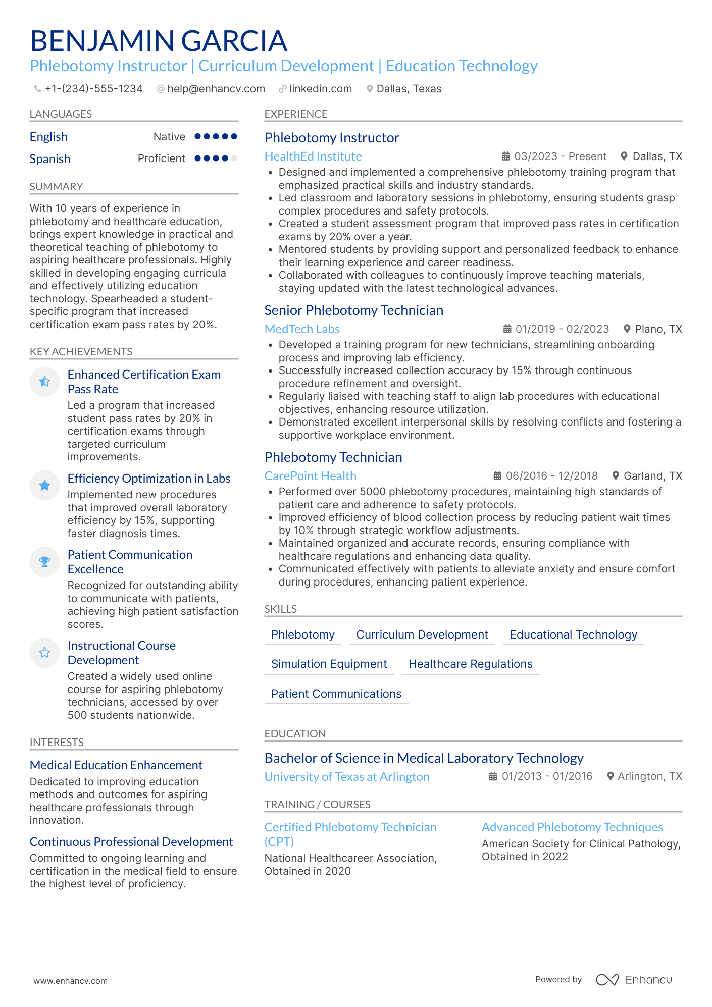Phlebotomist Instructor Resume Example