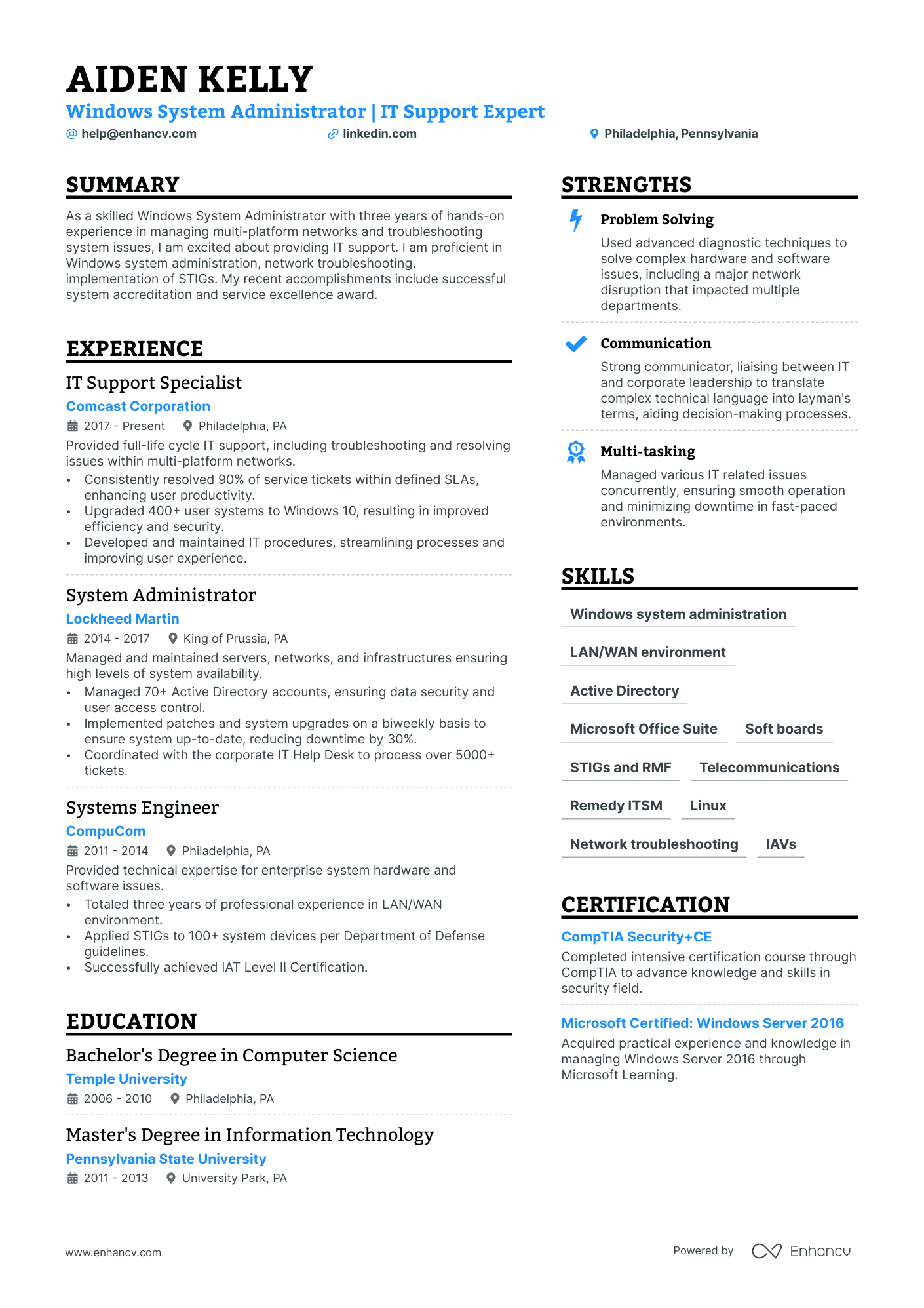 Windows System Administrator Resume Example