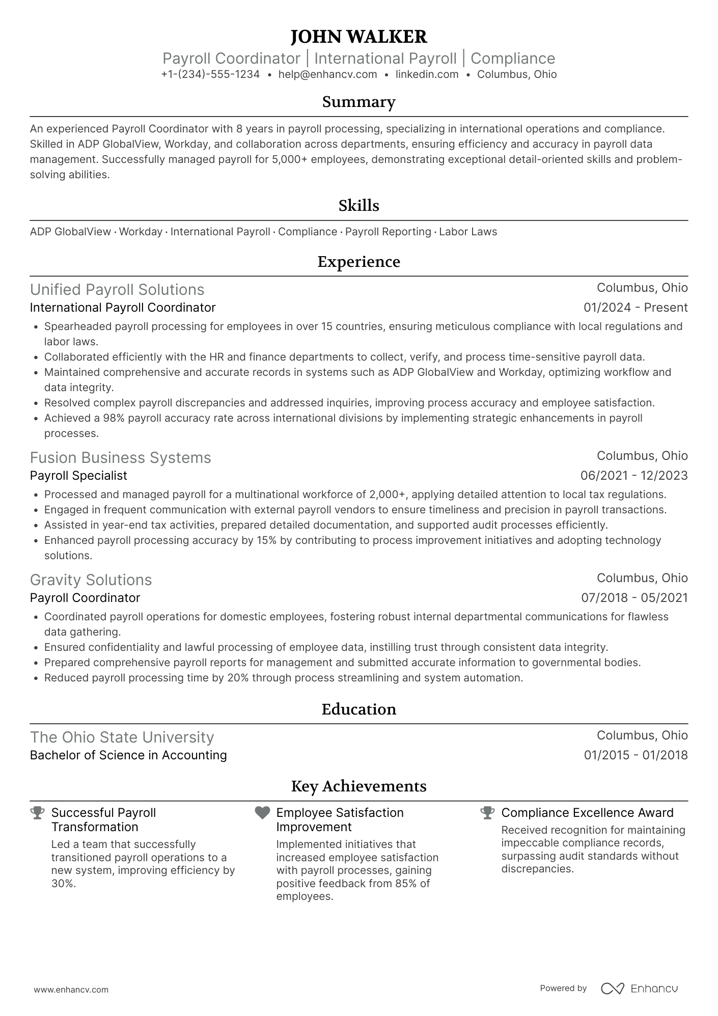 International Payroll Coordinator Resume Example