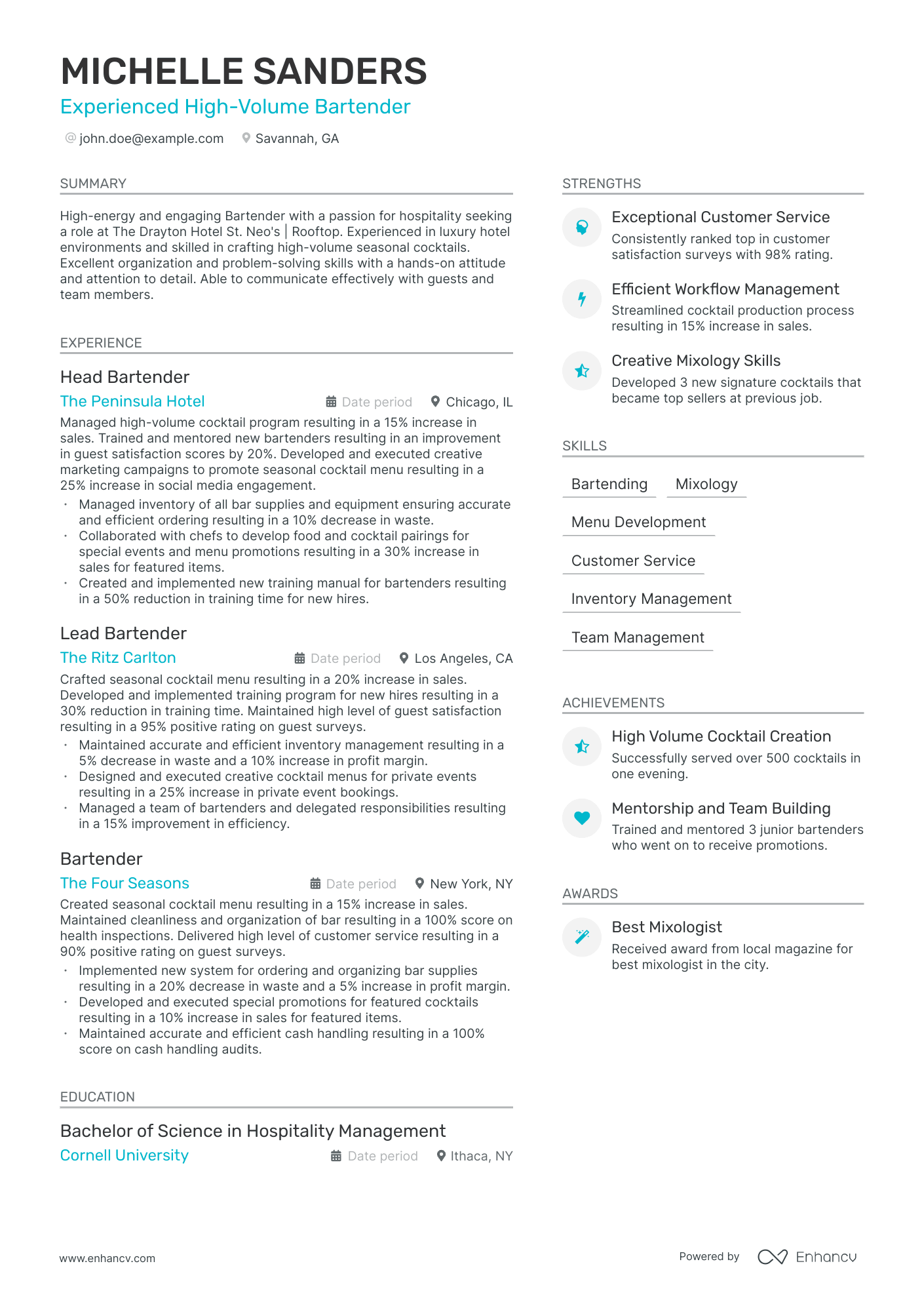 High Volume Bartender Resume Example