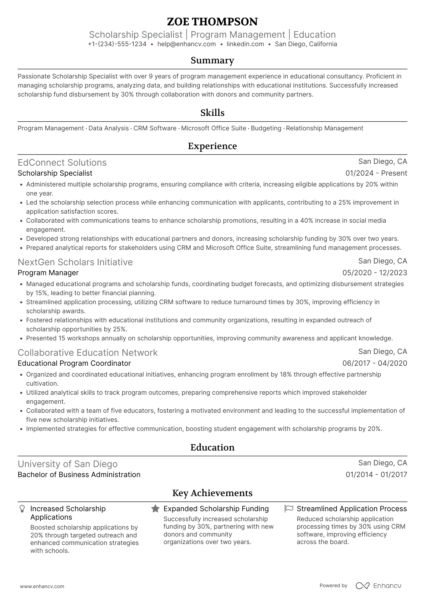 Scholarship Specialist Resume Example