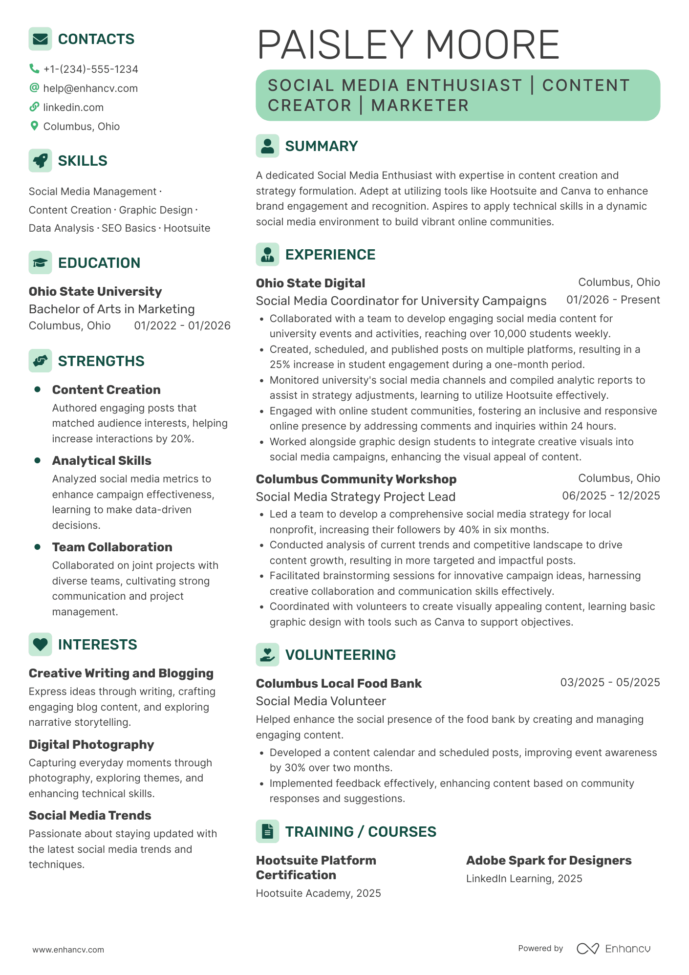 Social Media Intern Resume Example