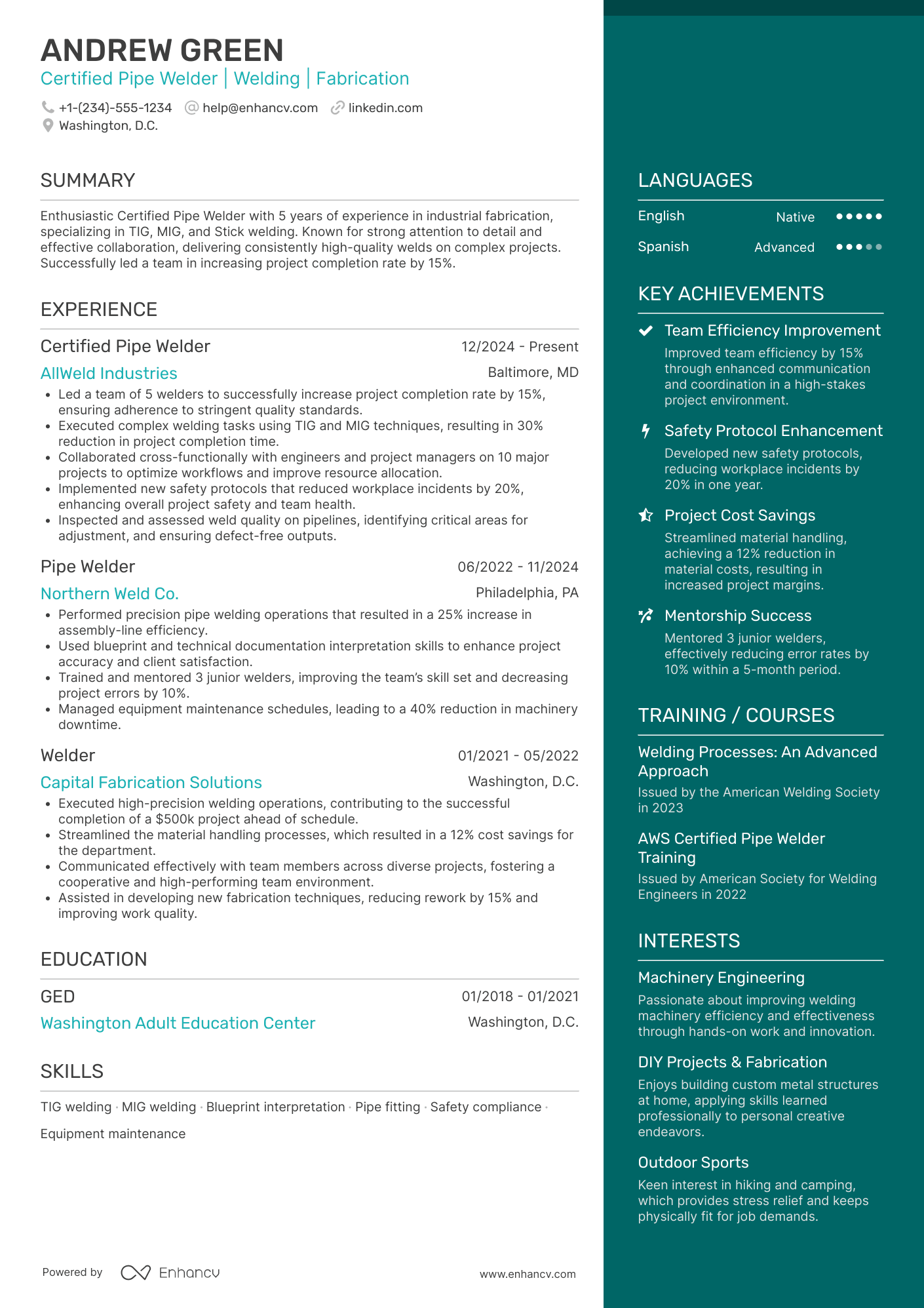 Certified Pipe Welder Resume Example