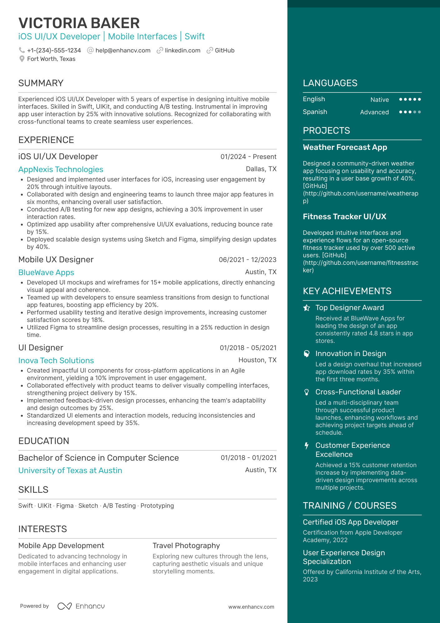 iOS UI/UX Developer Resume Example