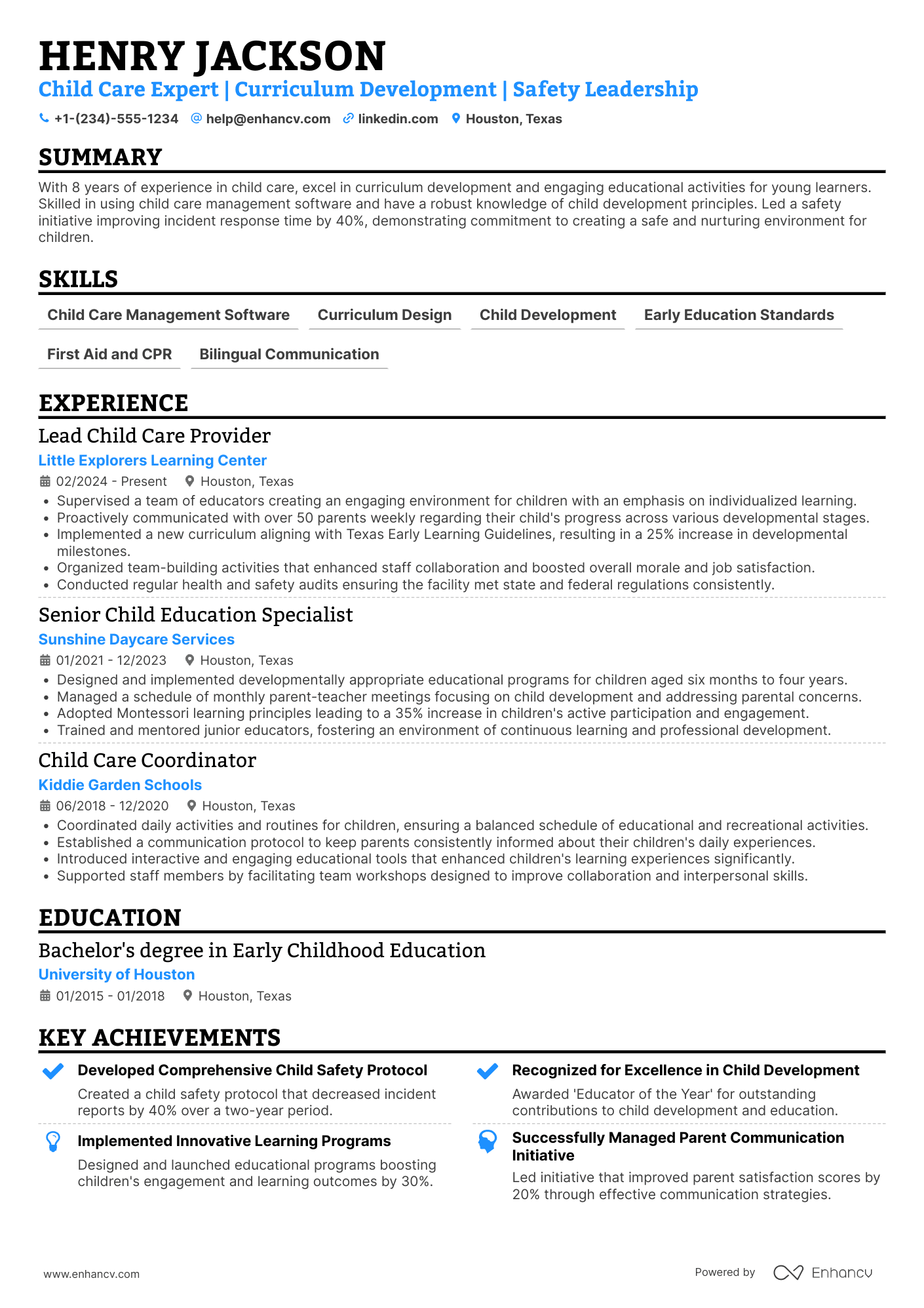 Child Care Provider Resume Example