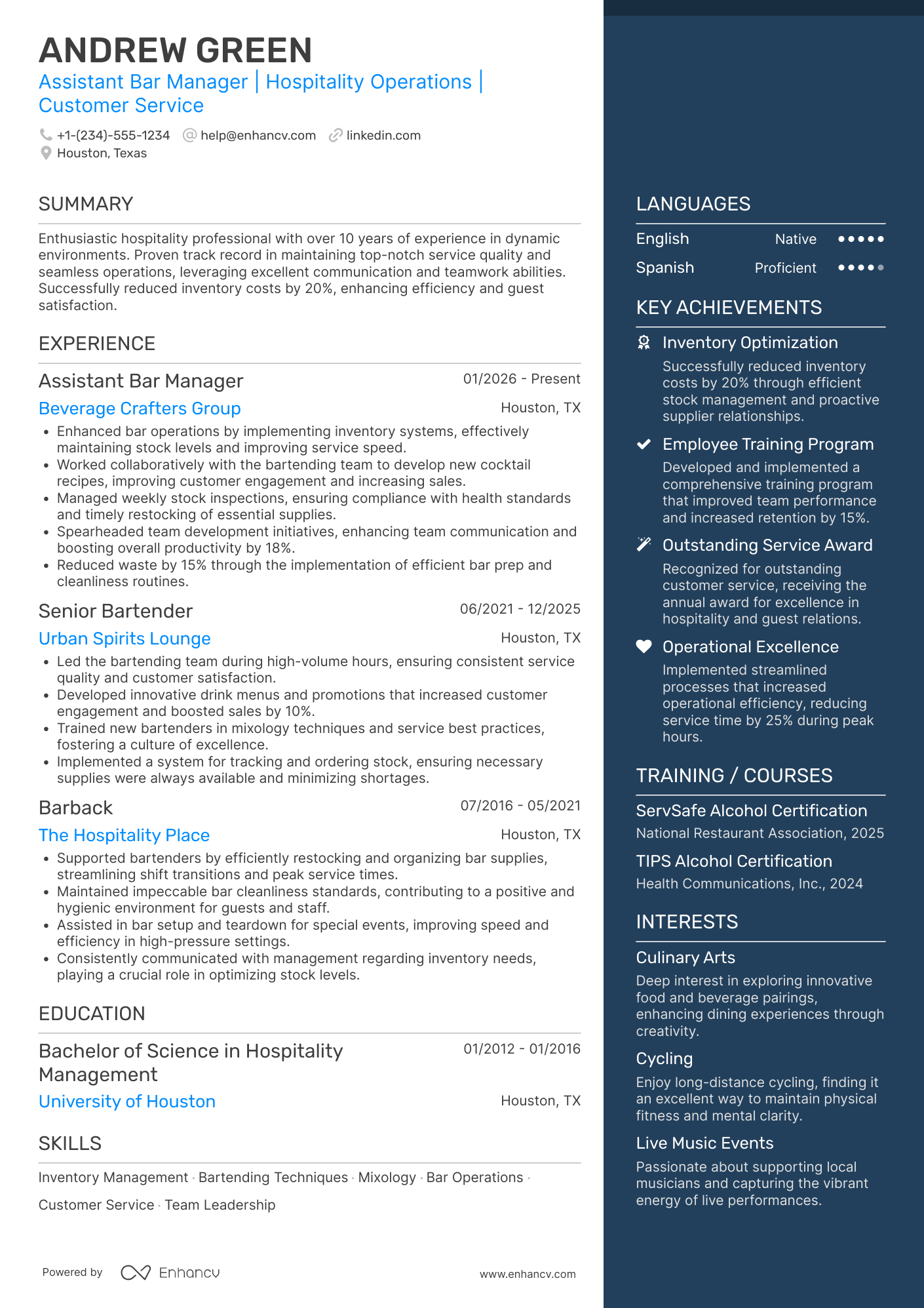 Barback Resume Example
