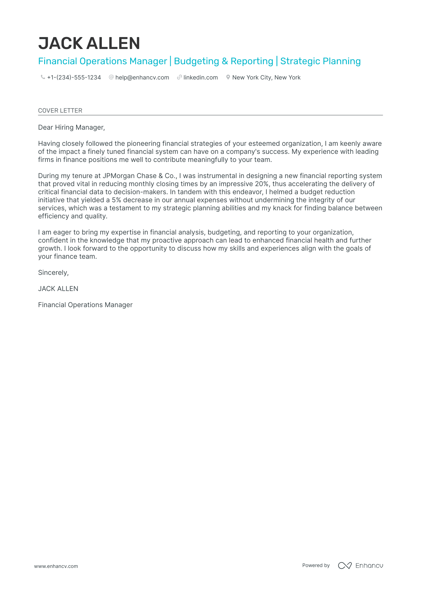 Financial Operations Manager Resume Example
