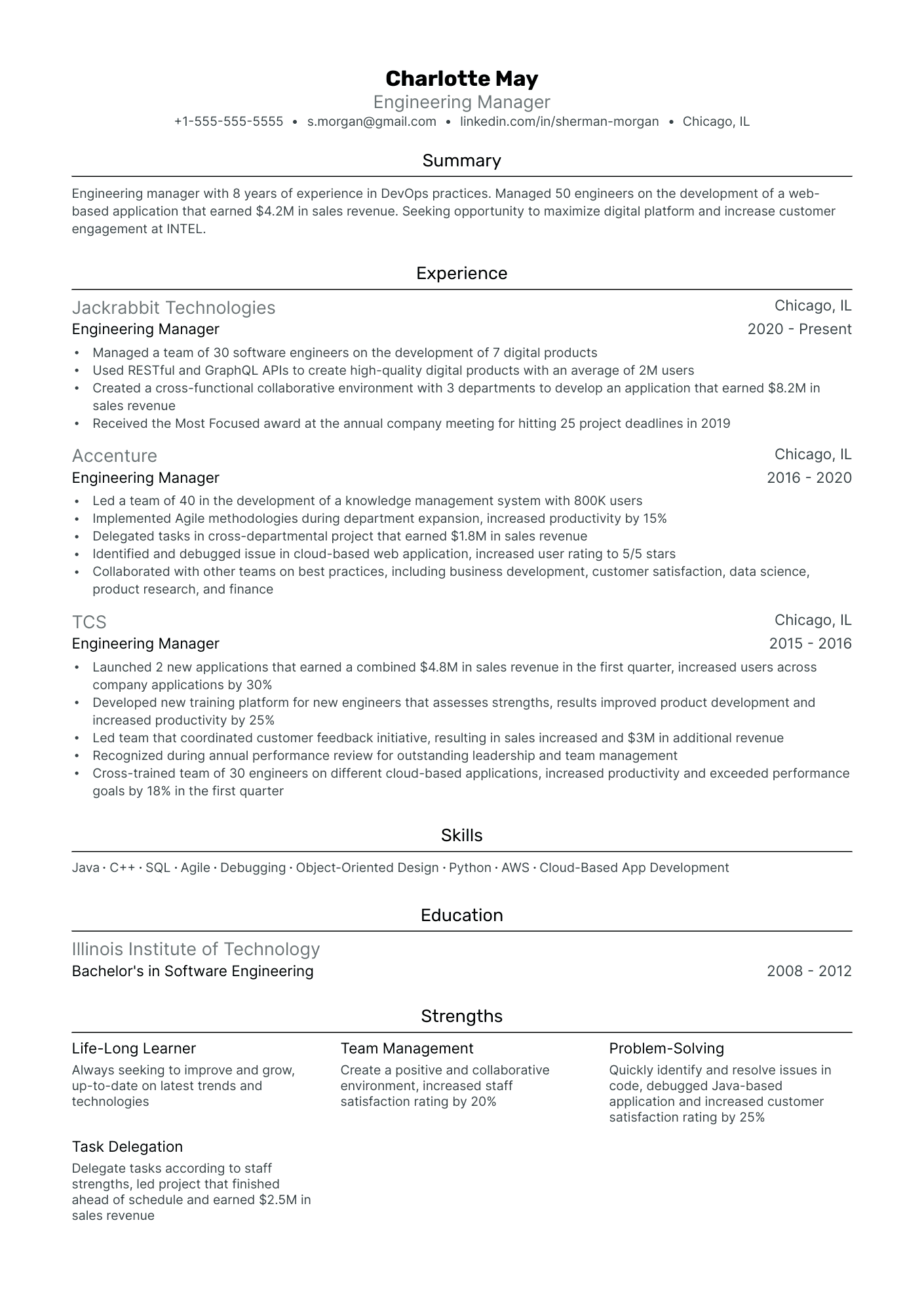 Engineering Manager Resume Example