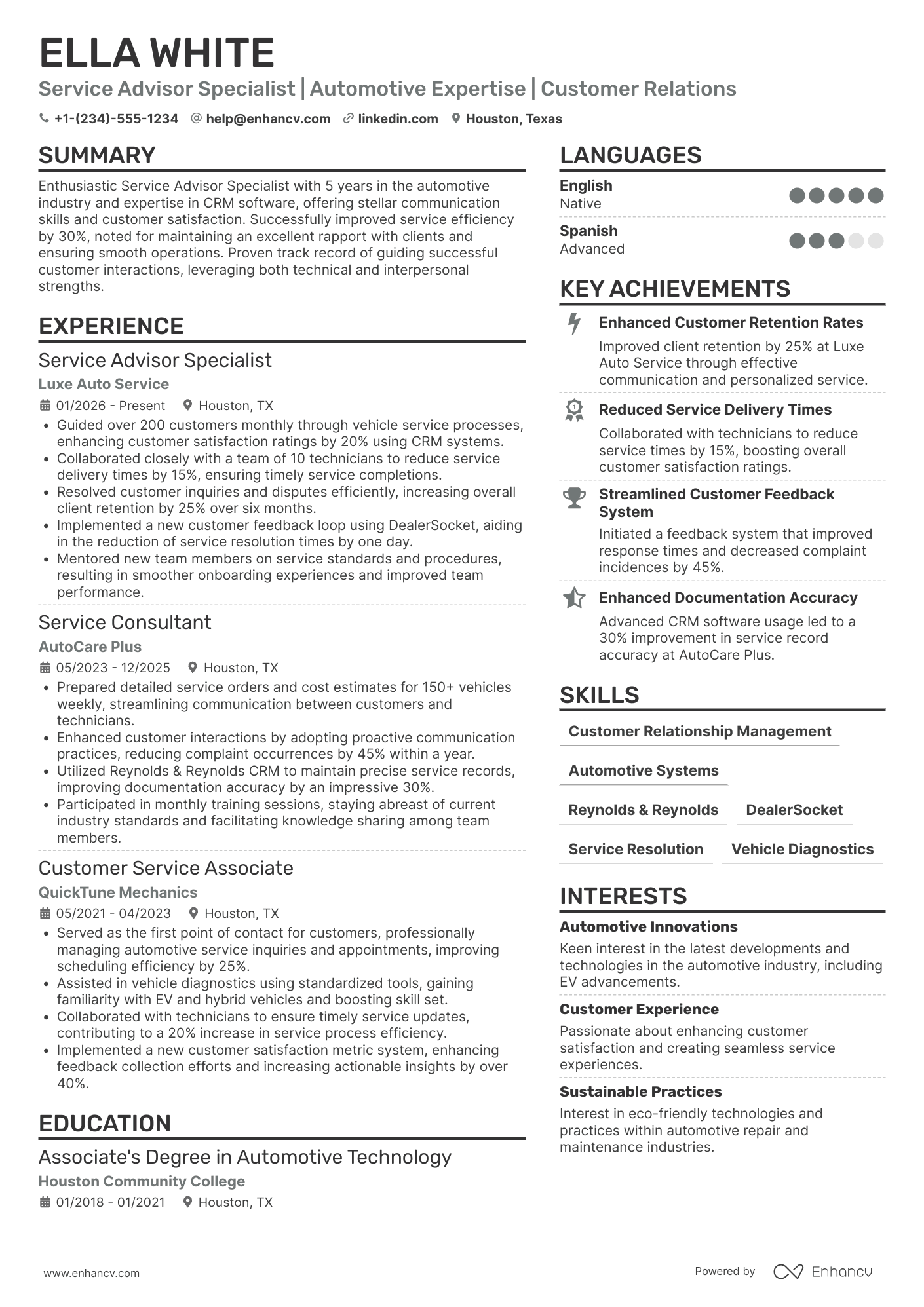 Service Advisor Specialist Resume Example
