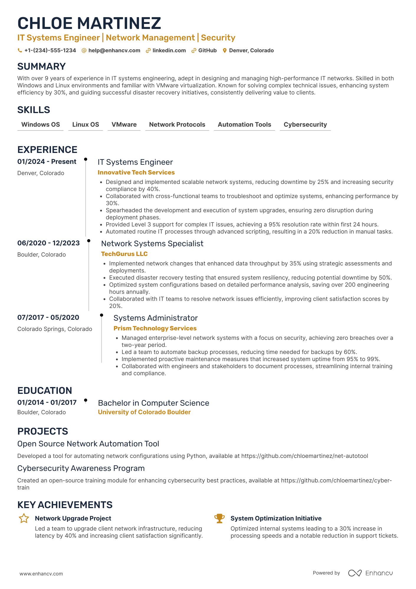 IT Systems Engineer Resume Example