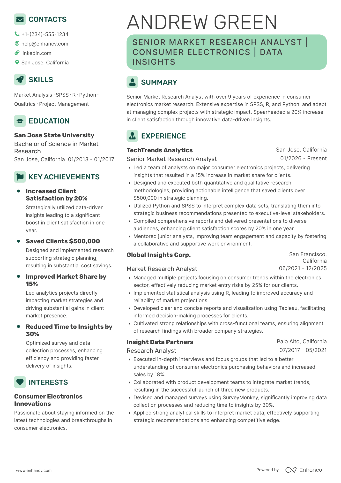 Senior Market Research Analyst Resume Example