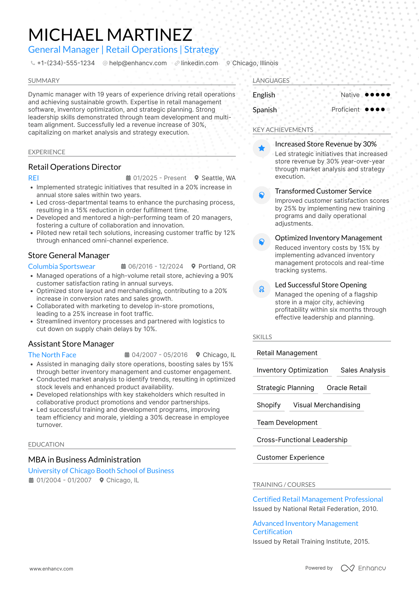 General Manager of Retail Resume Example