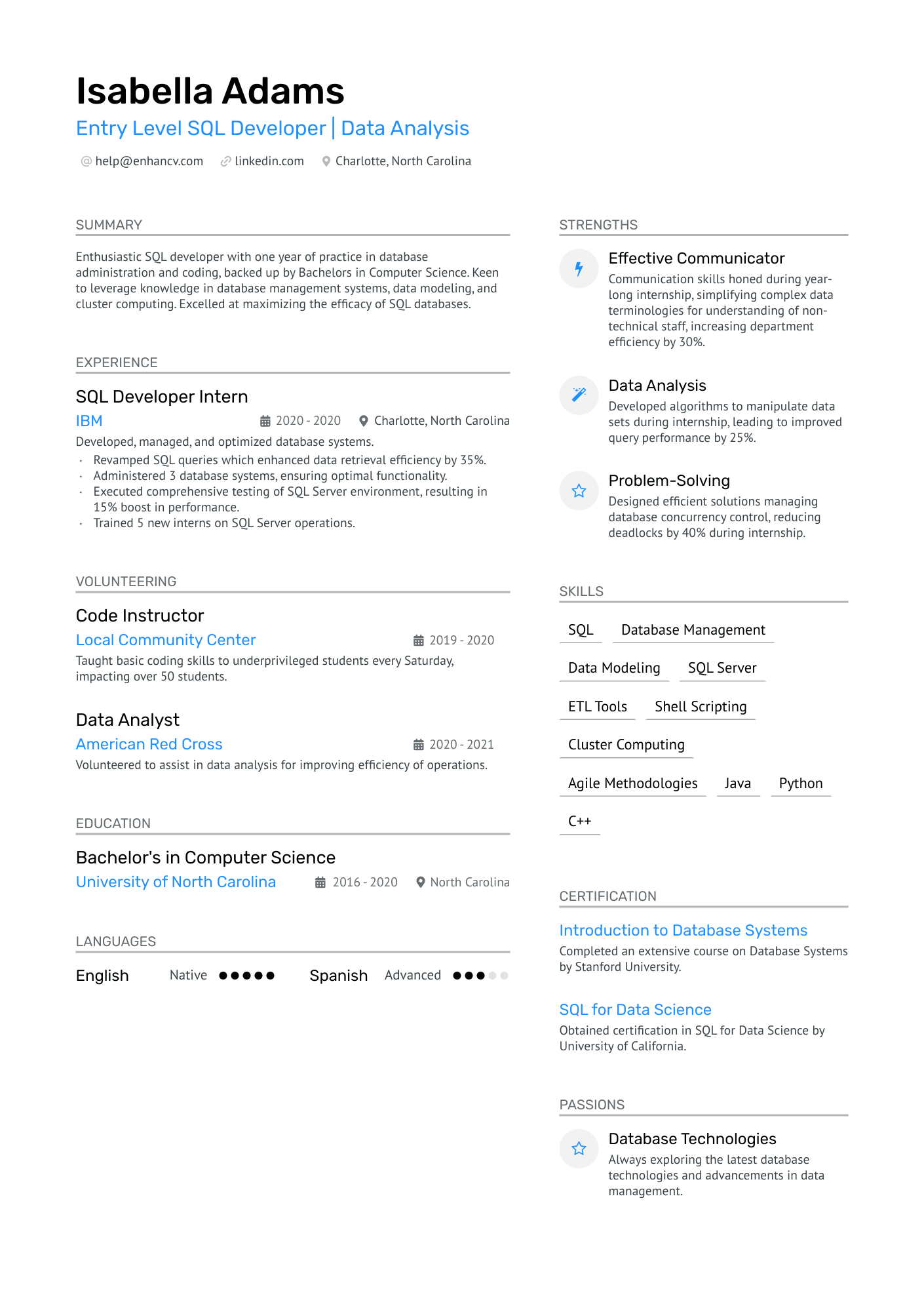 SQL Developer Entry Level Resume Example