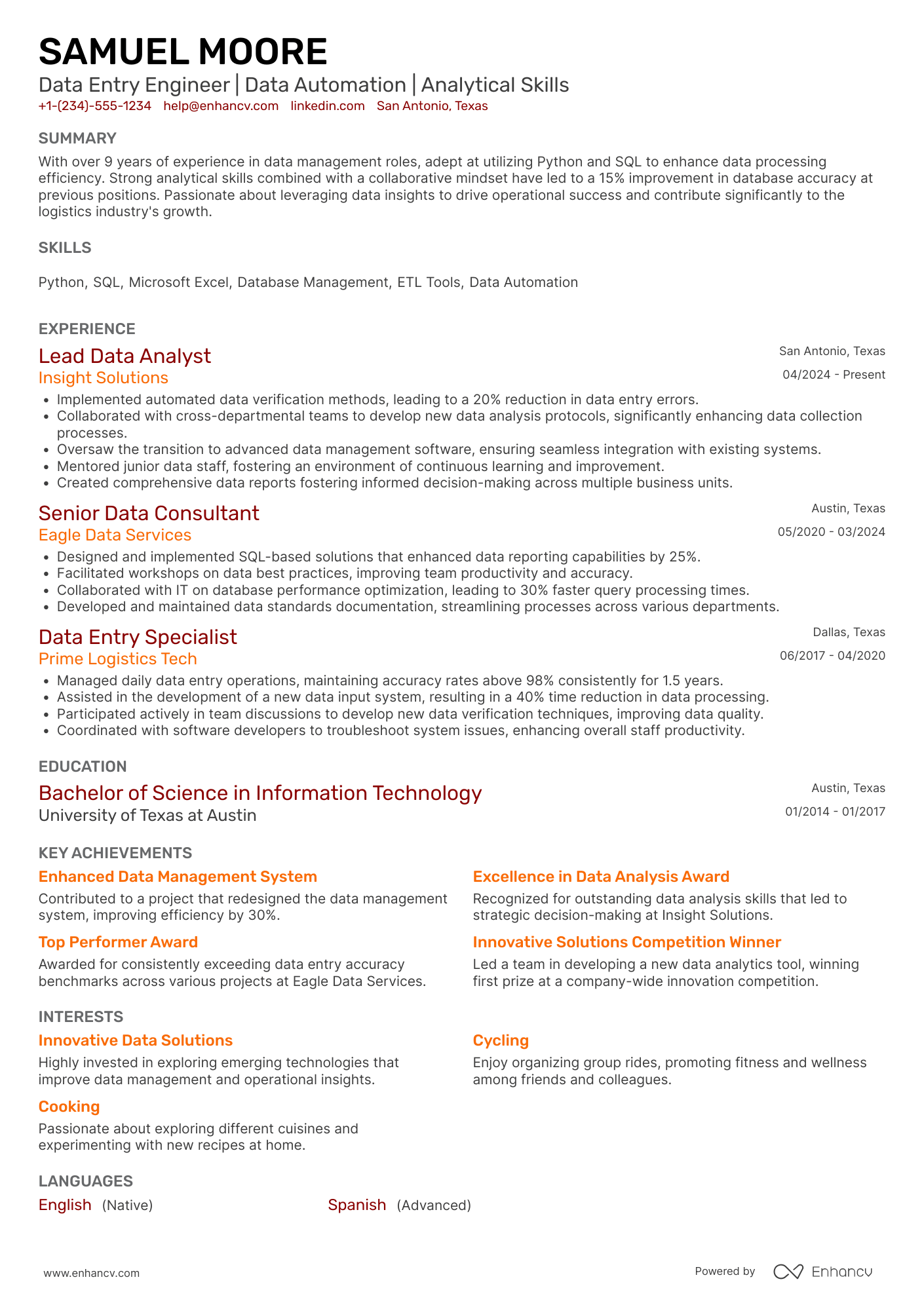 Data Entry Engineer Resume Example