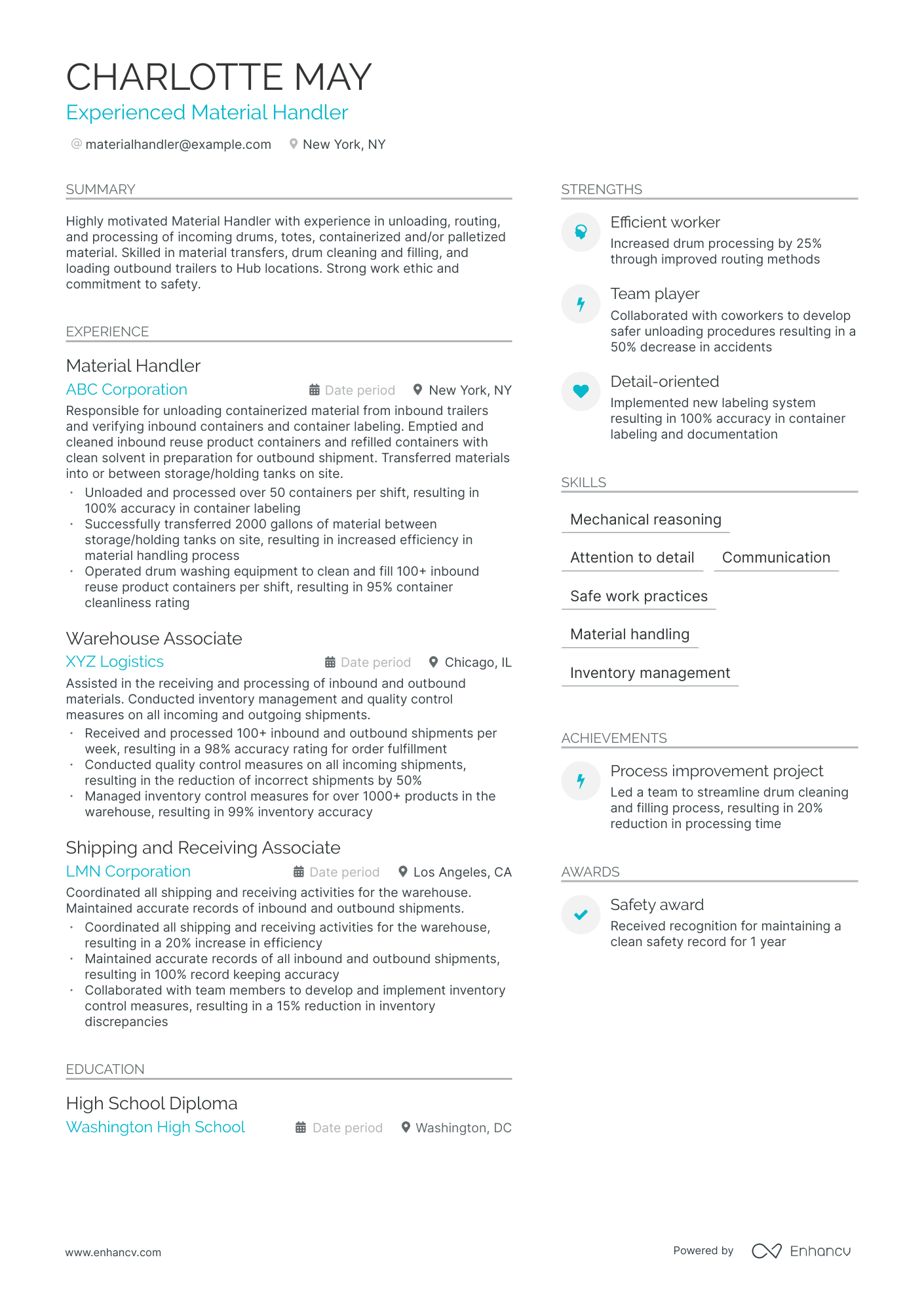 Material Handler Resume Example