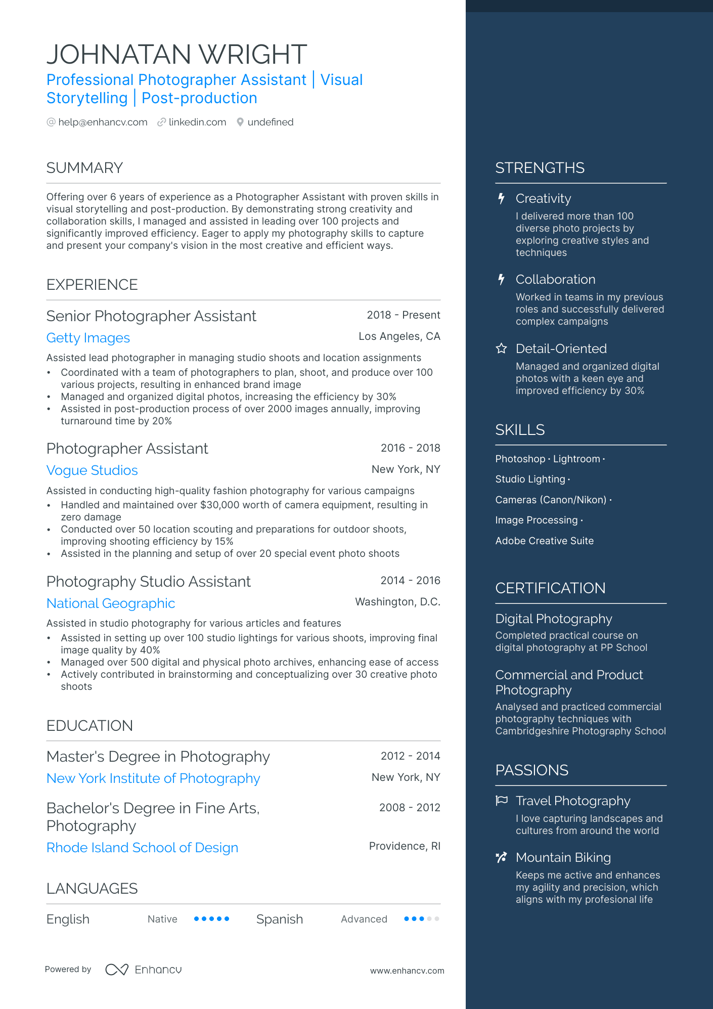 Photographer Assistant Resume Example