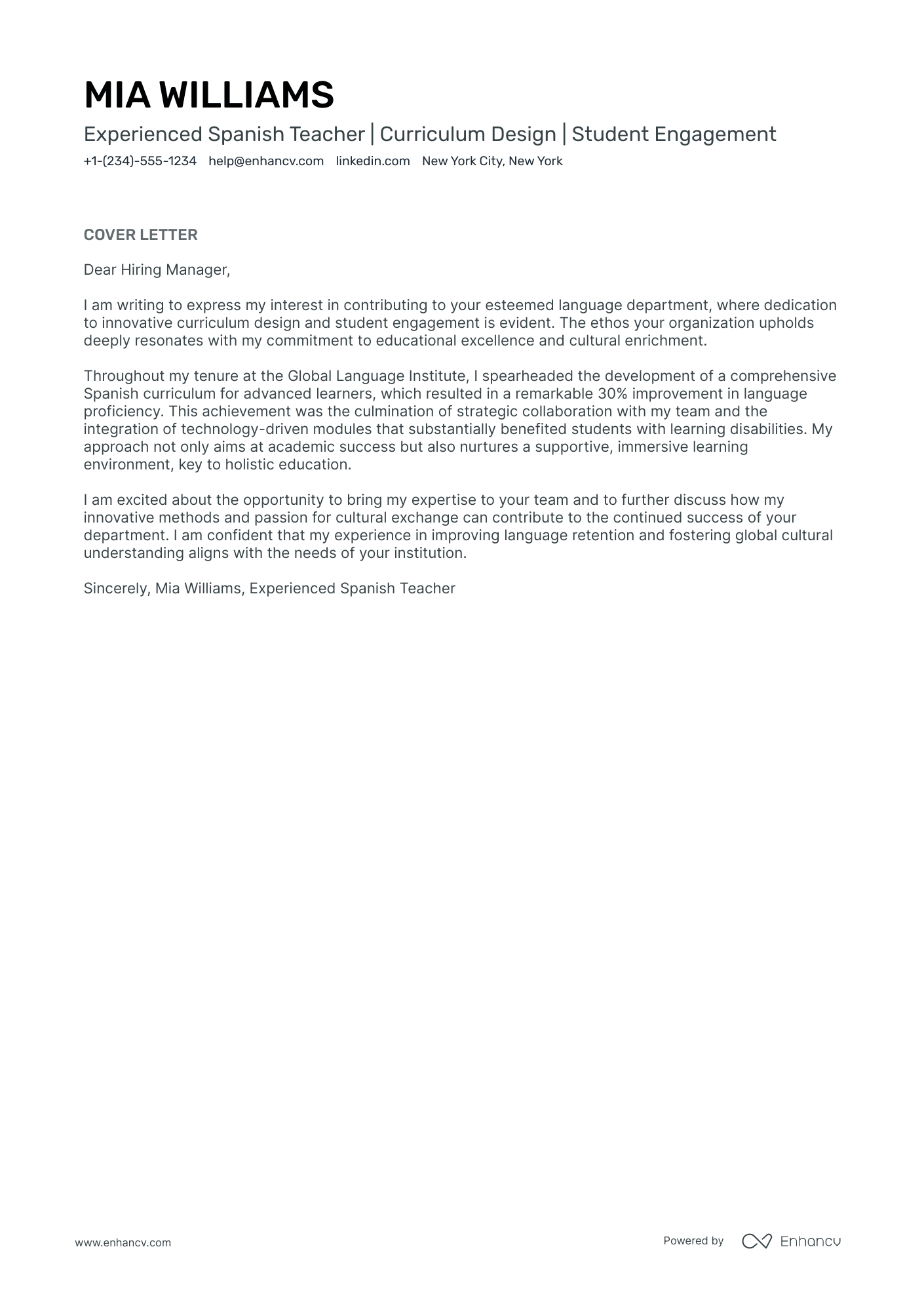 Spanish Teacher Resume Example