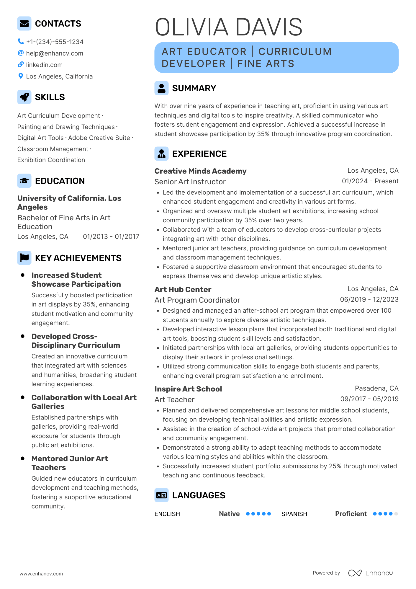 Art Teacher After School Program Resume Example