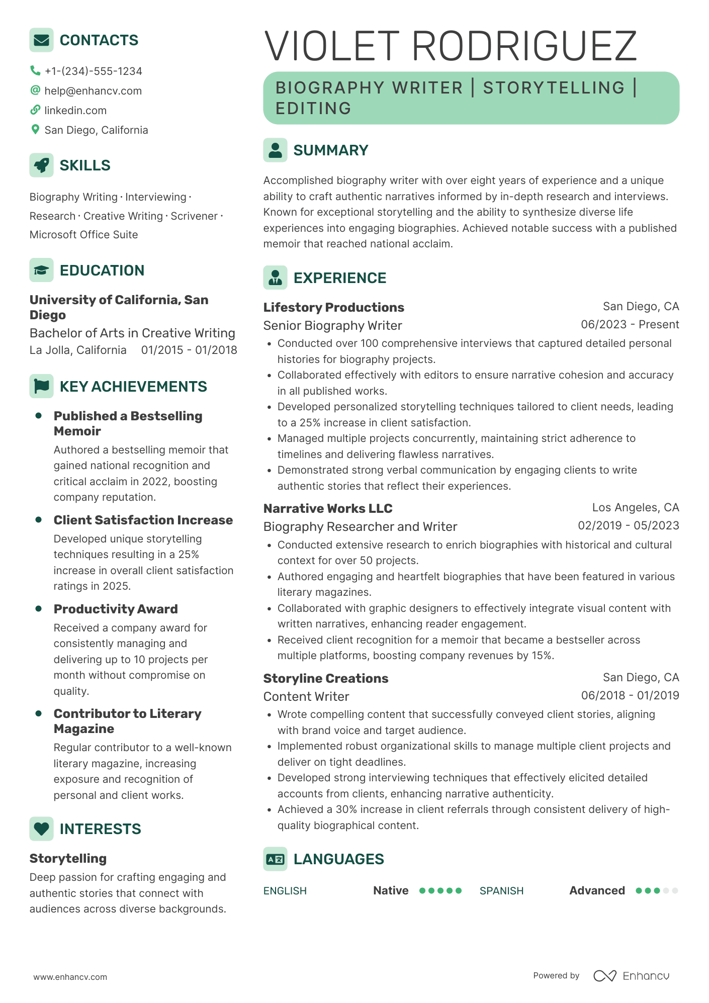 Biography Writer Resume Example