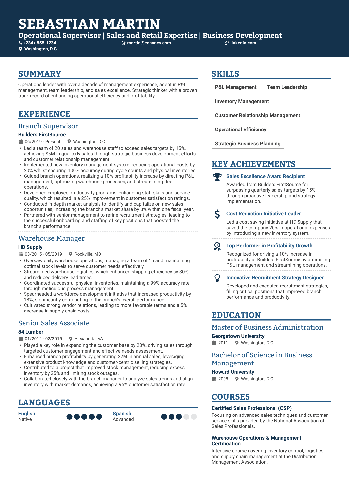 Branch Operations Manager Resume Example