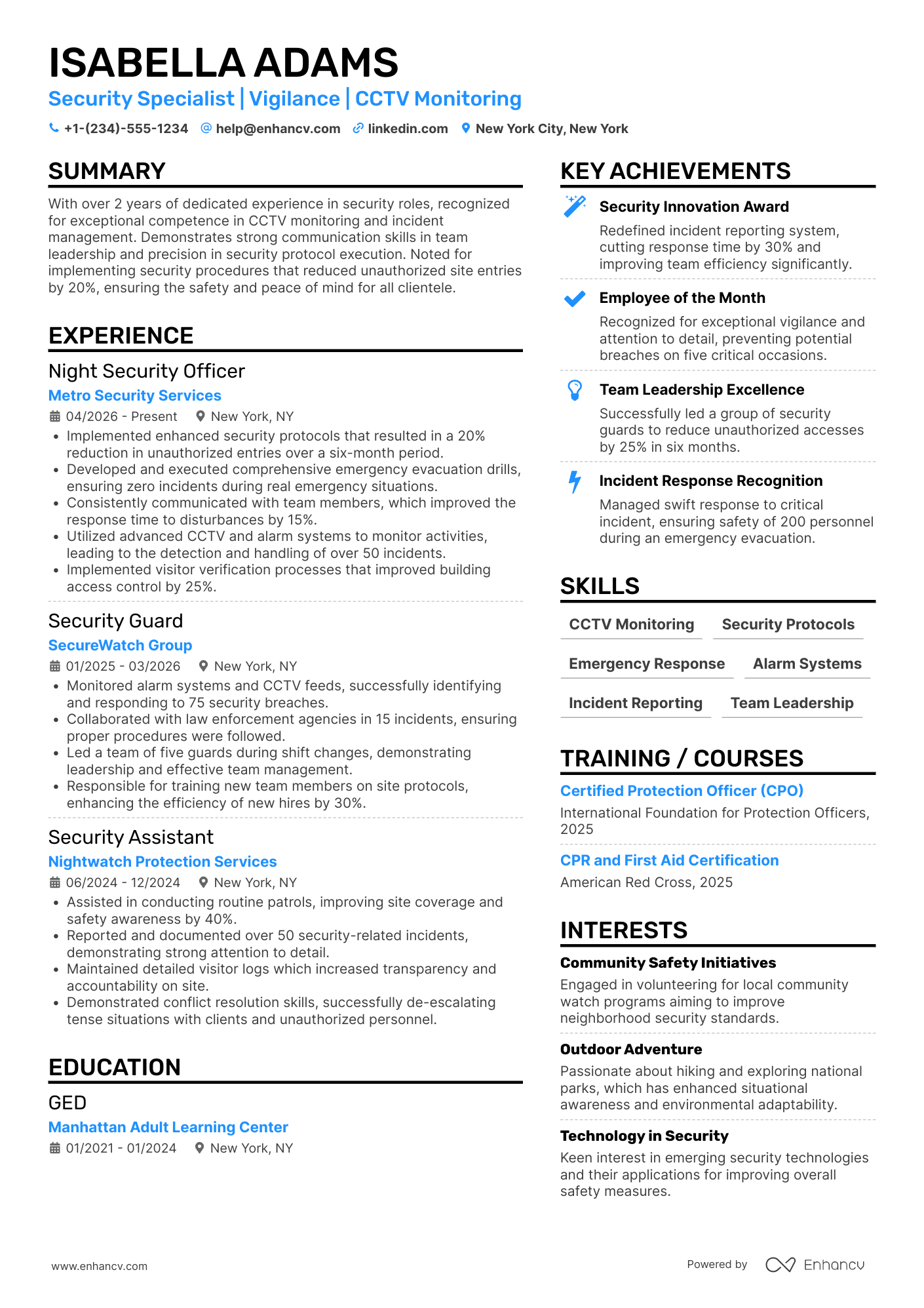 Night Shift Security Guard Resume Example