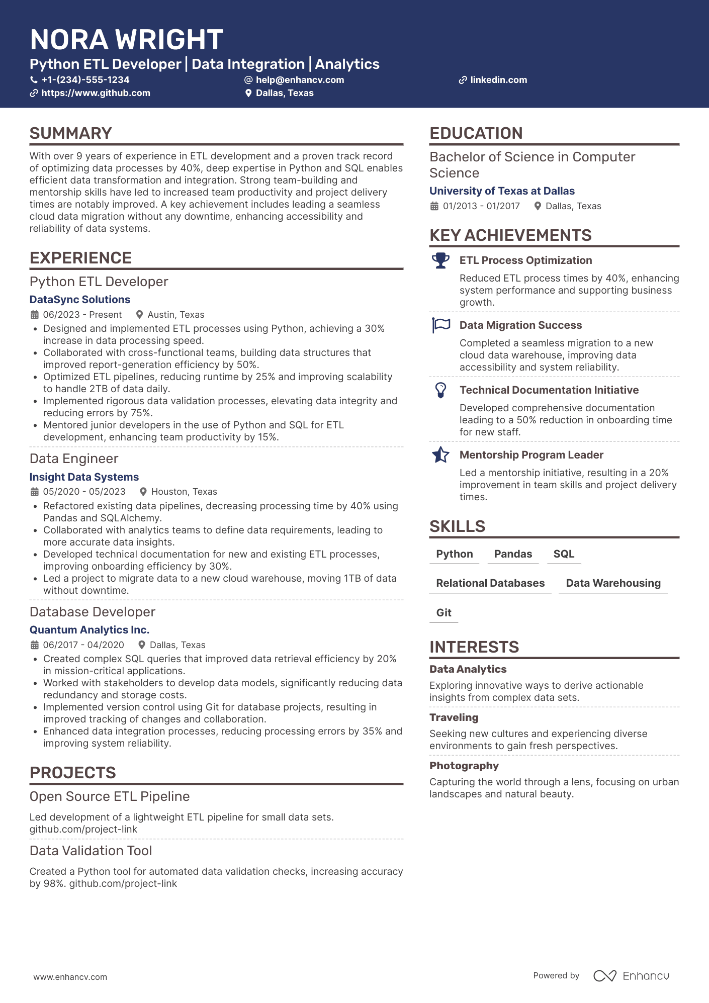 Python ETL Developer Resume Example