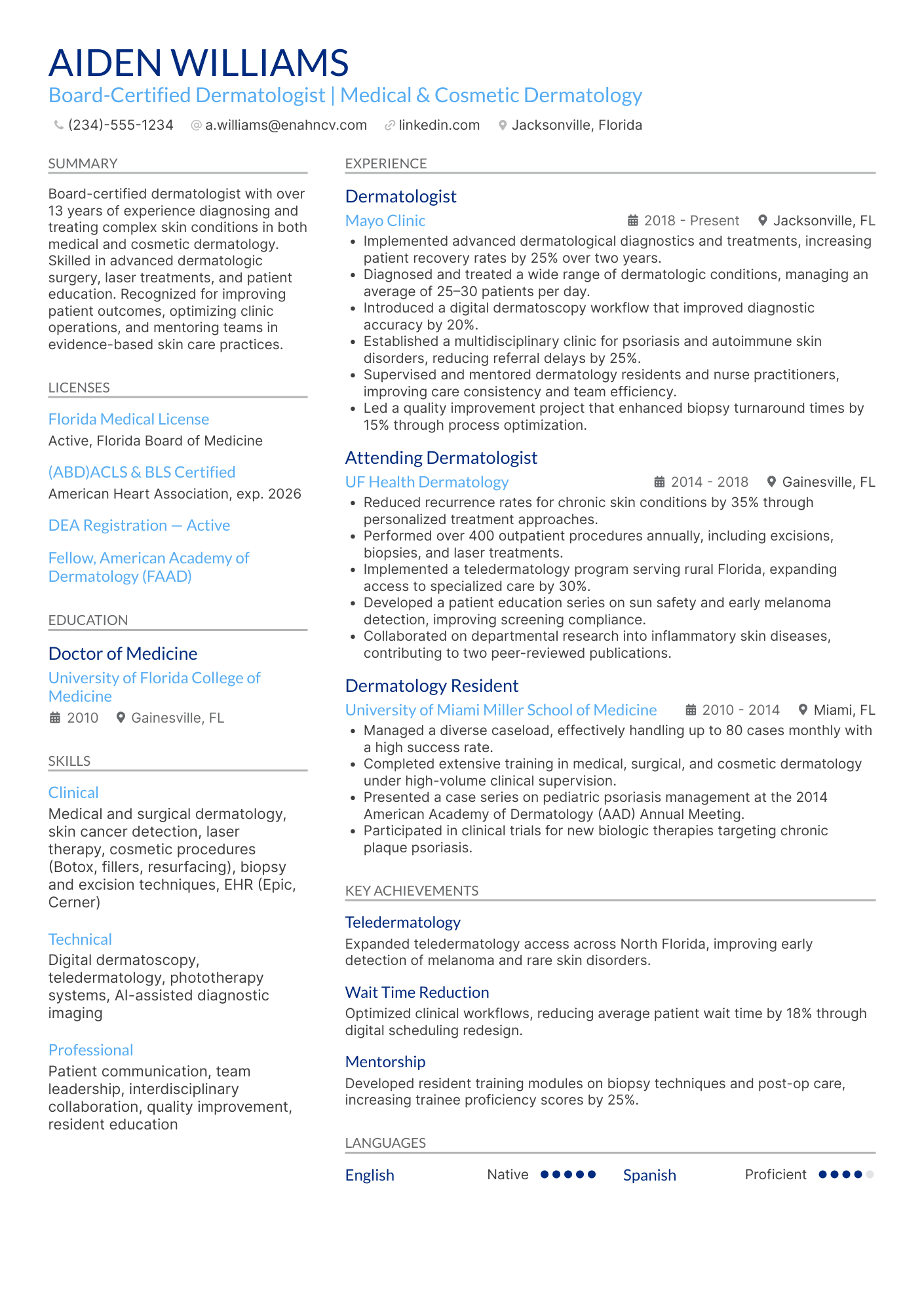 Dermatologist Resume Example