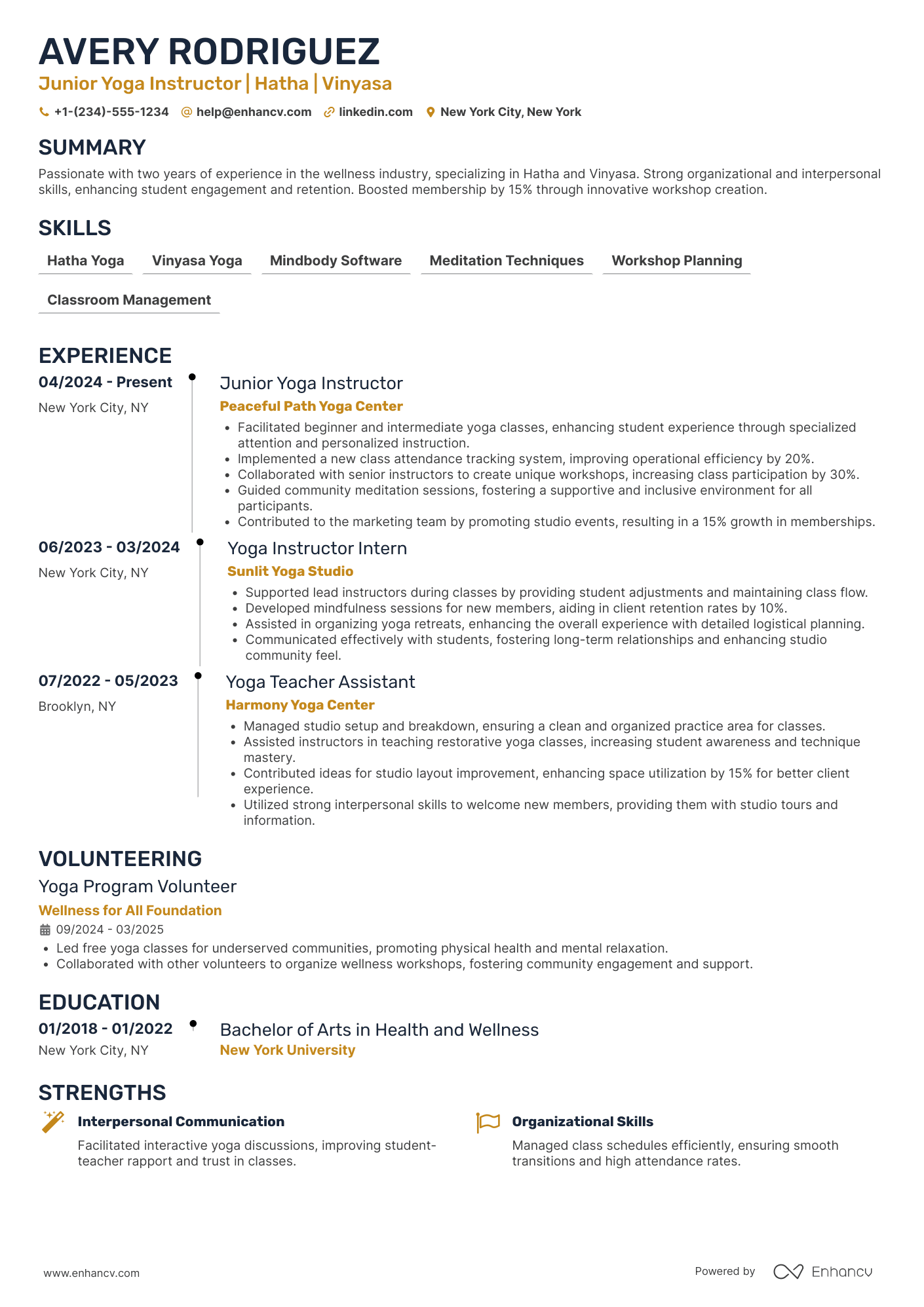 Junior Yoga Instructor Resume Example