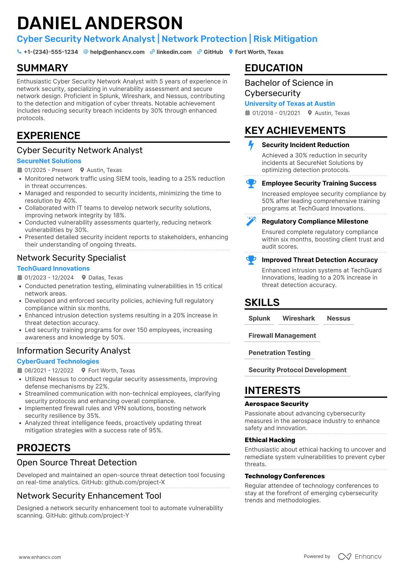 Cyber Security Network Analyst Resume Example