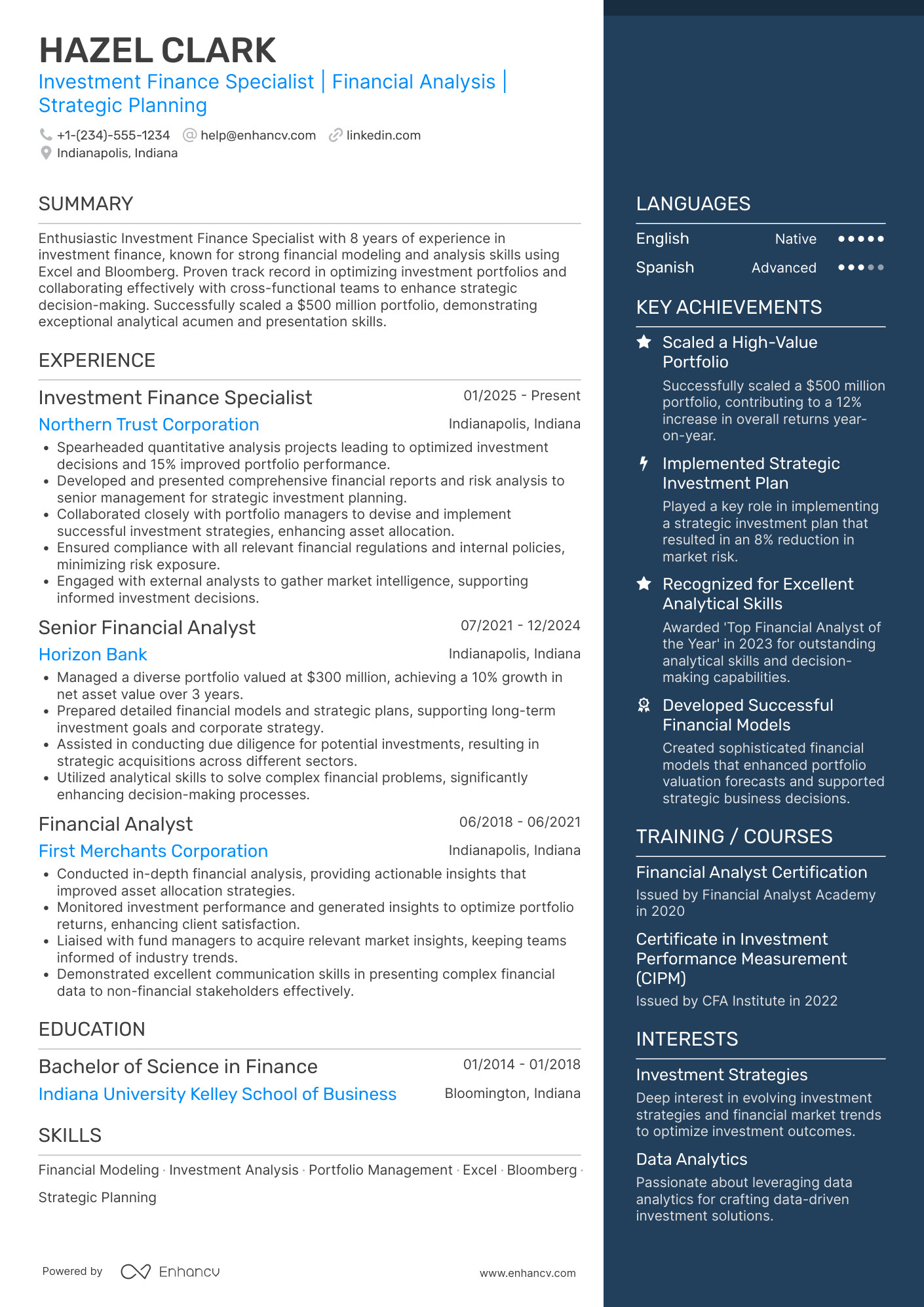Investment Finance Specialist Resume Example