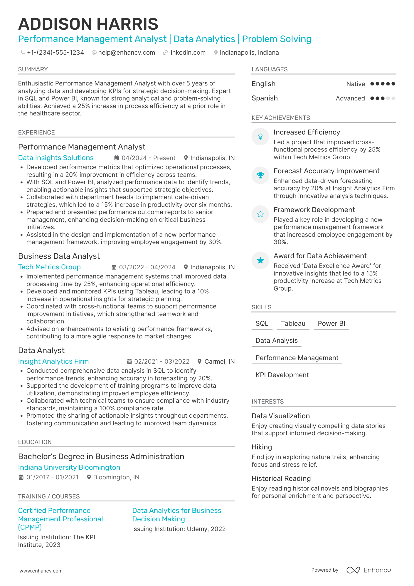 Performance Management Analyst Resume Example