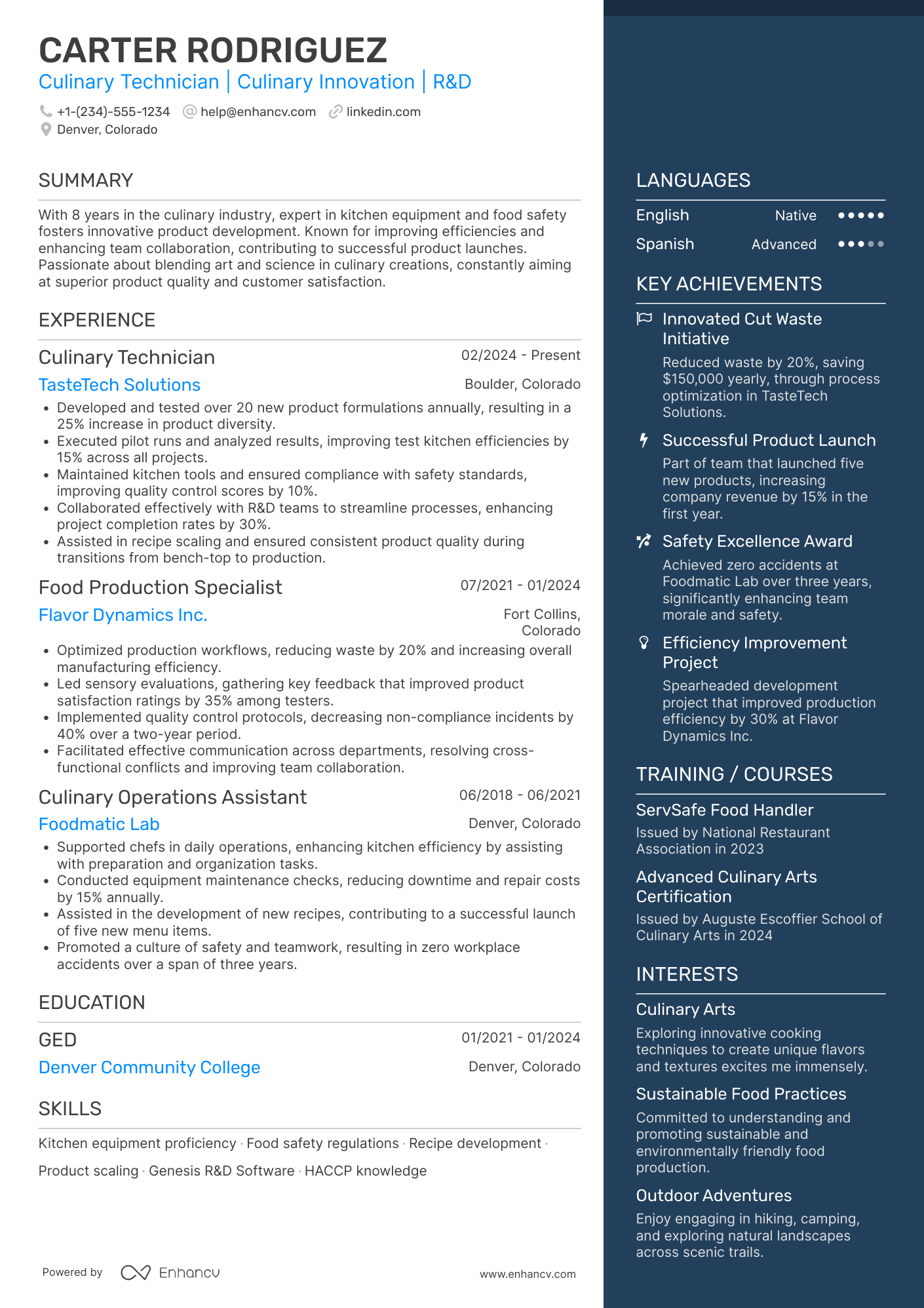 Culinary Technician Resume Example