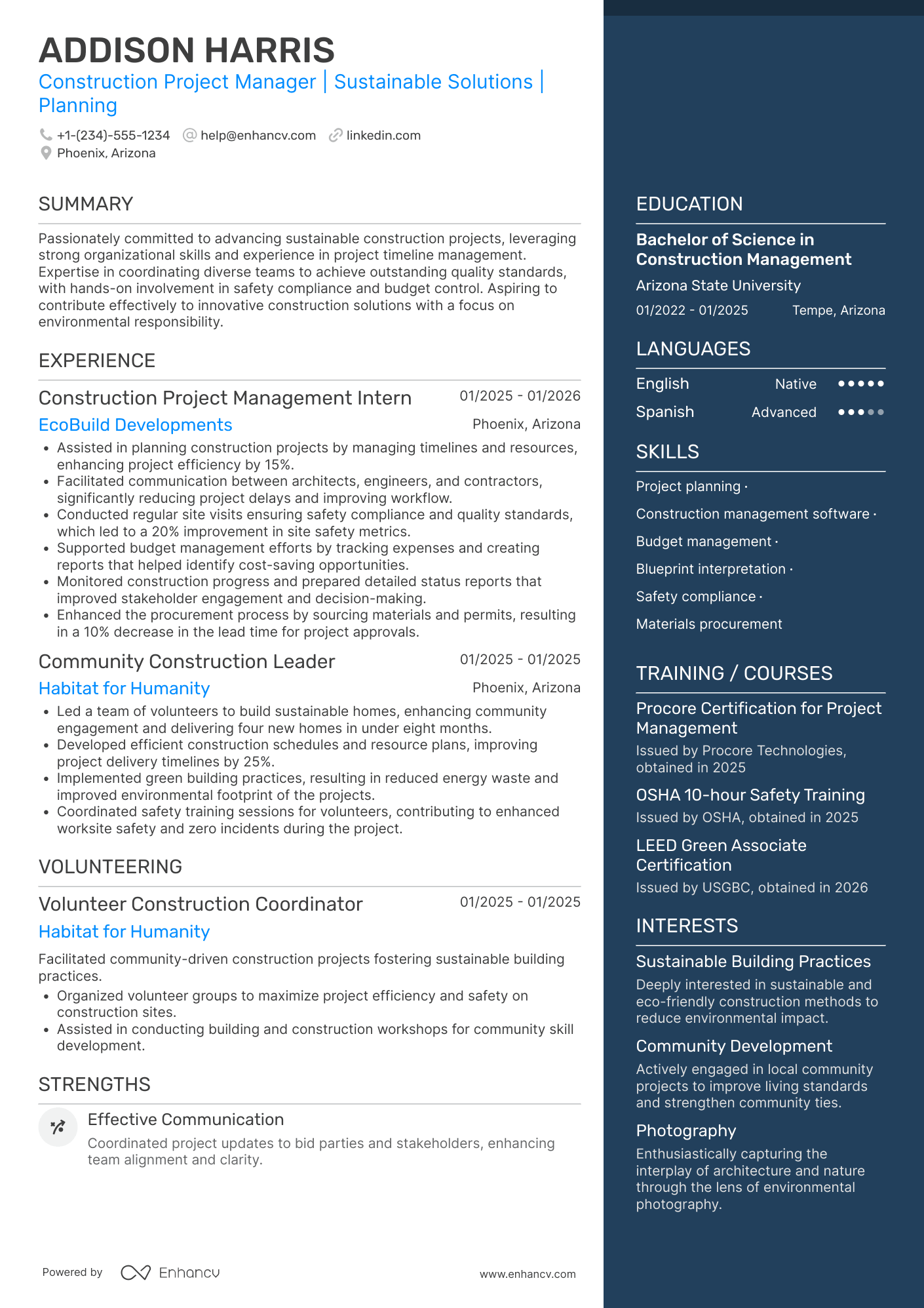 Entry Level Construction Project Manager Resume Example