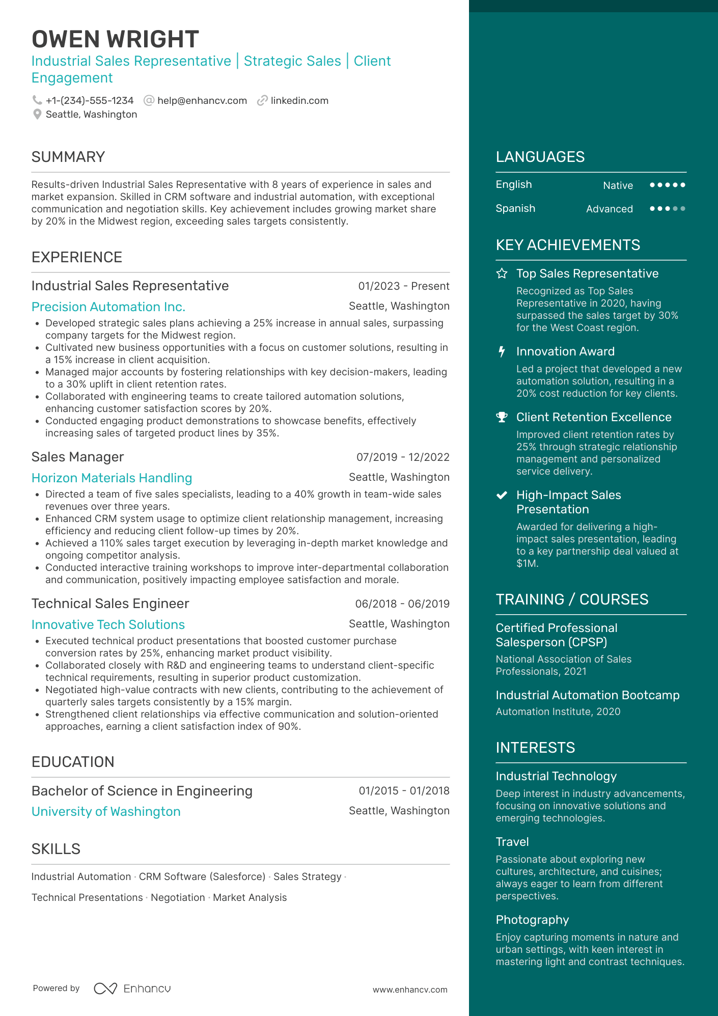 Industrial Sales Representative Resume Example