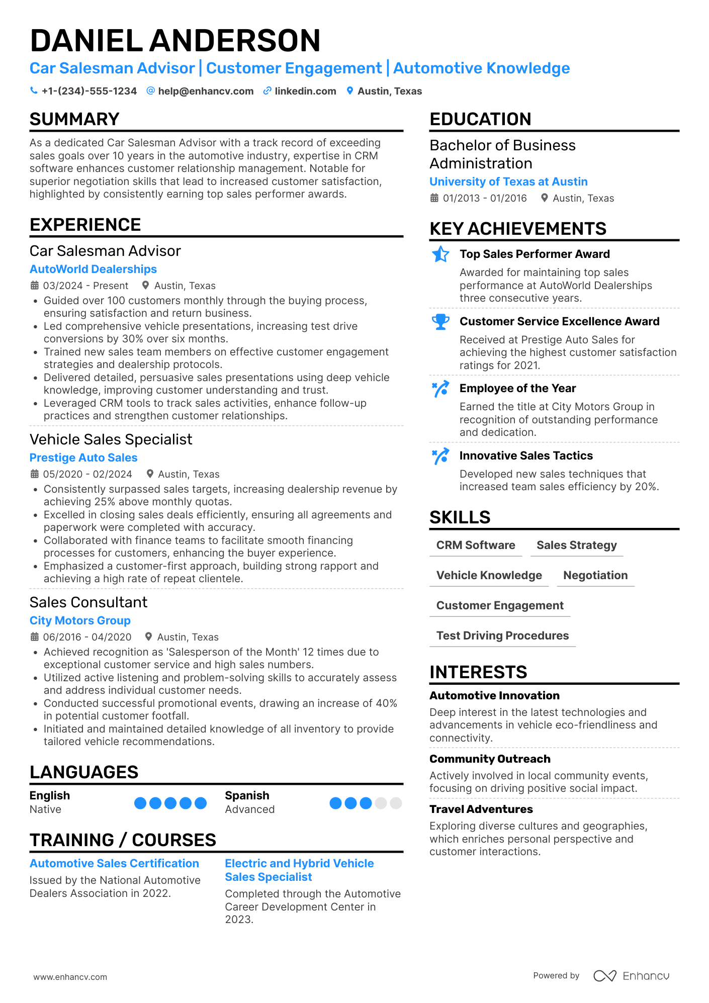 Car Salesman Advisor Resume Example