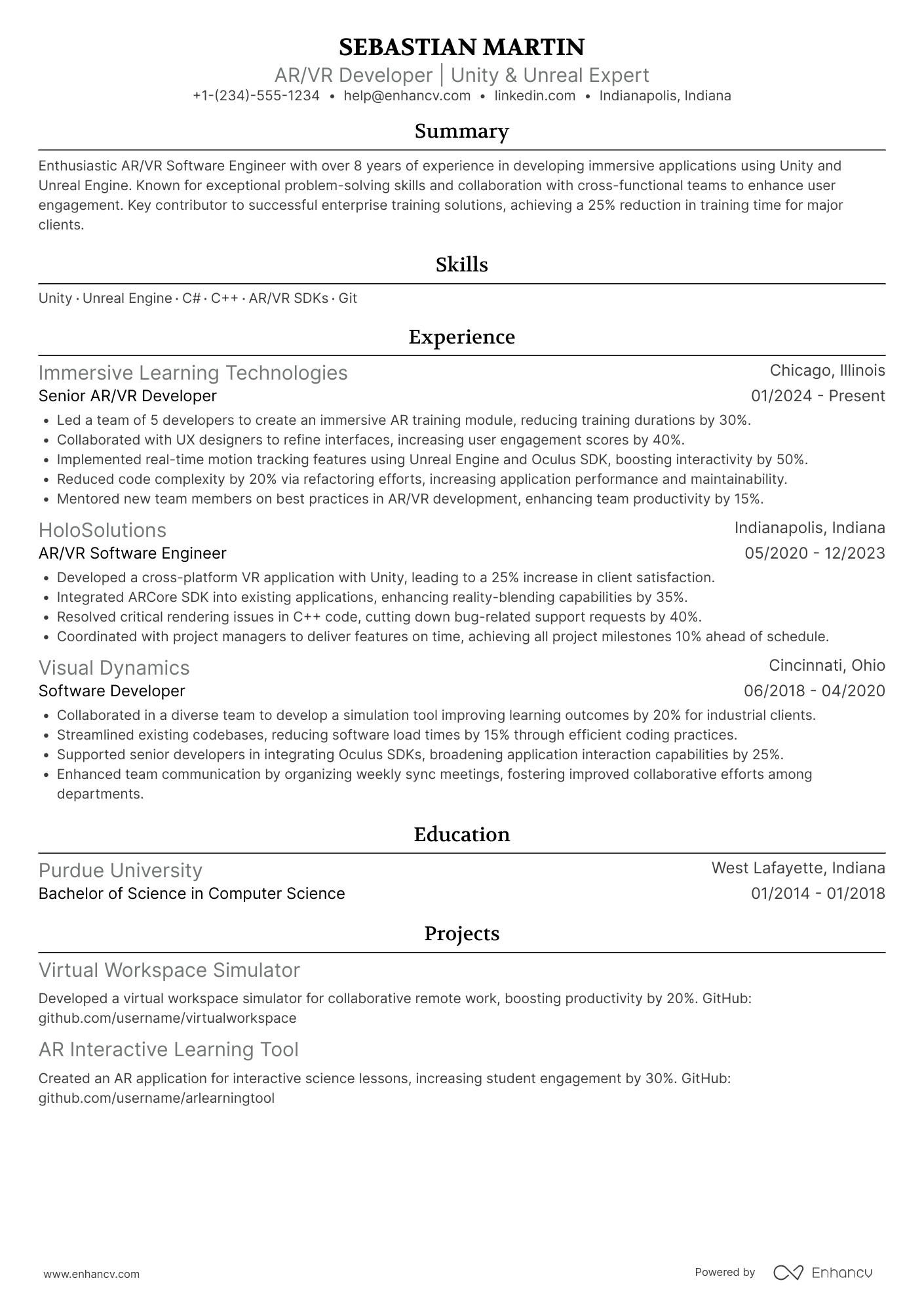 AR/VR Software Engineer Resume Example
