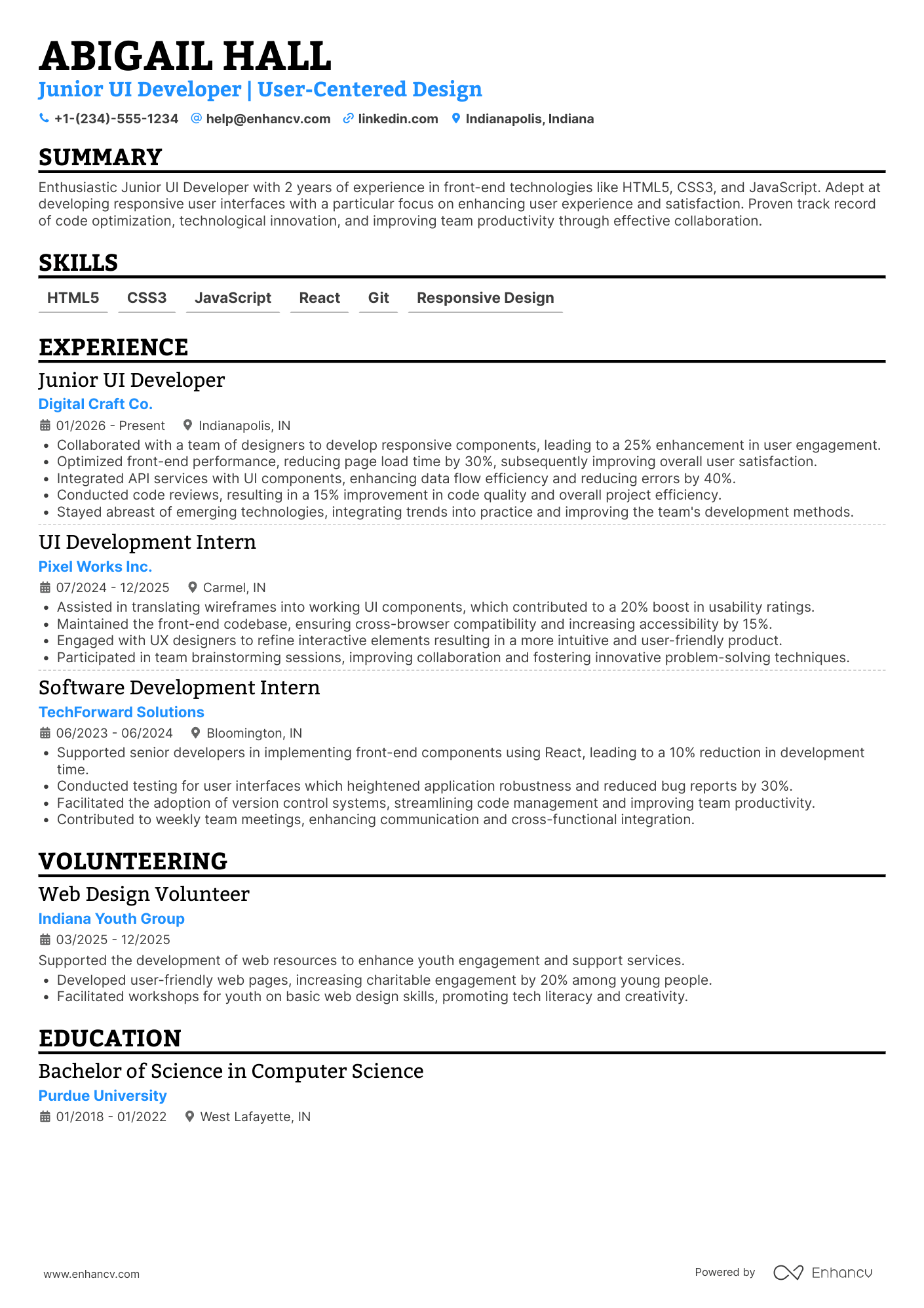 Junior UI Developer Resume Example