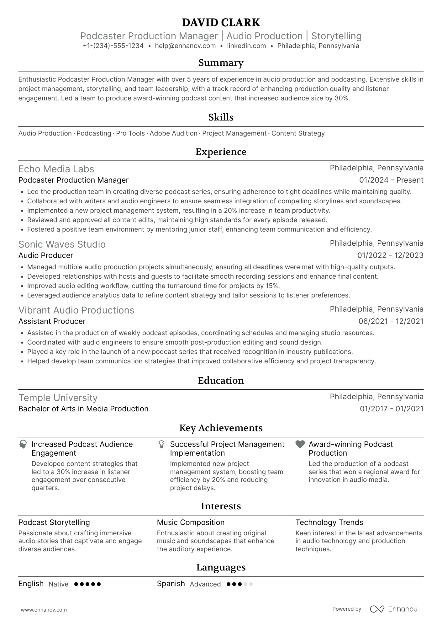 Podcaster Production Manager Resume Example